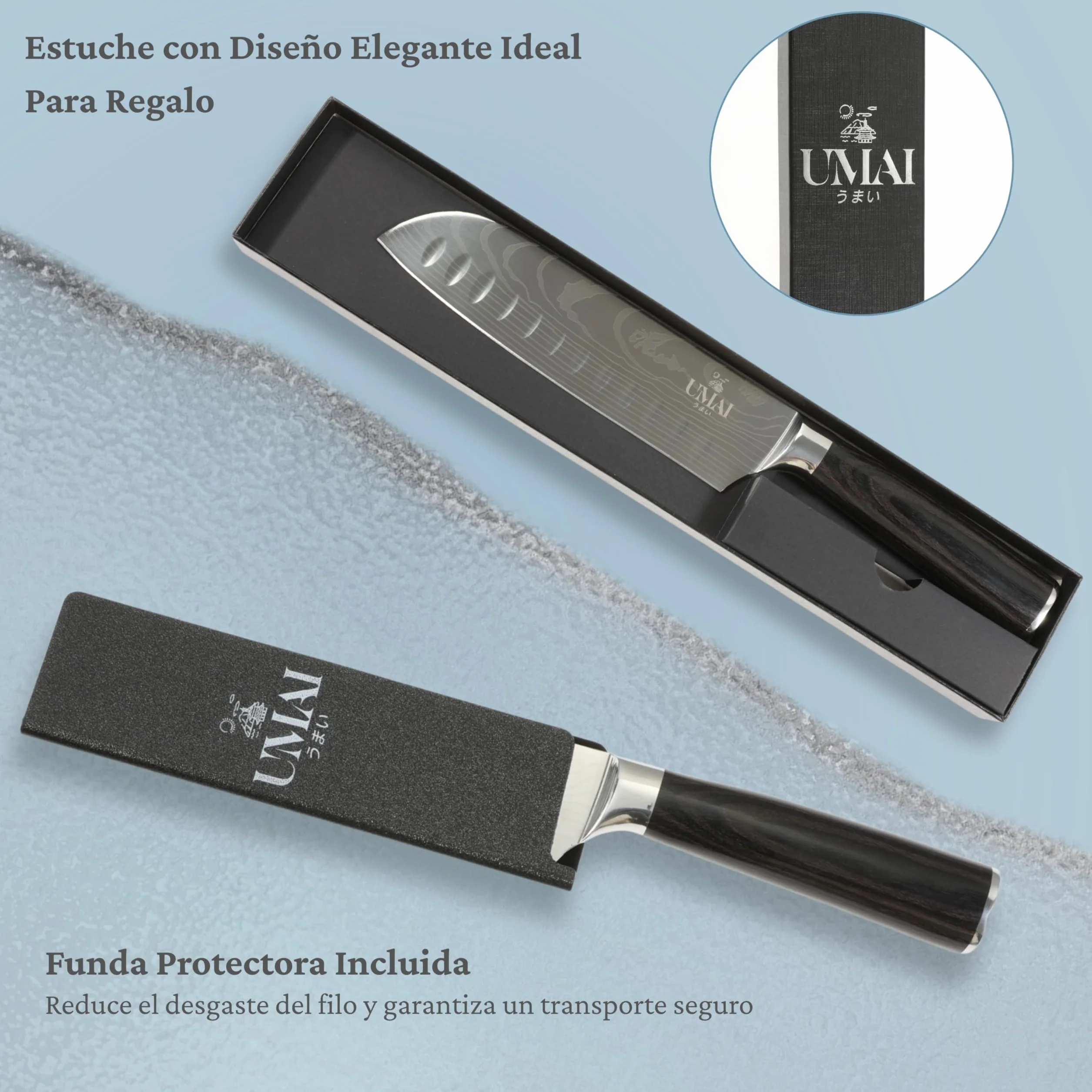 UMAI Cuchillo Santoku 18 cm (7") – Cuchillo de Cocina Japonés de Acero Inoxidable 7Cr17MoV con Patrón de Damasco – Mango Ergonómico de Madera Pakka, Hoja Alveolada – Incluye Funda Protectora