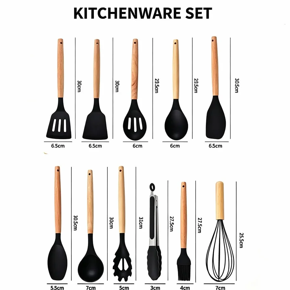 Juego De 19 Utensilios De Cocina De Silicona con Cuchillos De Acero Inoxidable Y Soporte De Almacenamiento; Kit De Herramientas De Cocina Antiadherentes con Mangos De Madera Black
