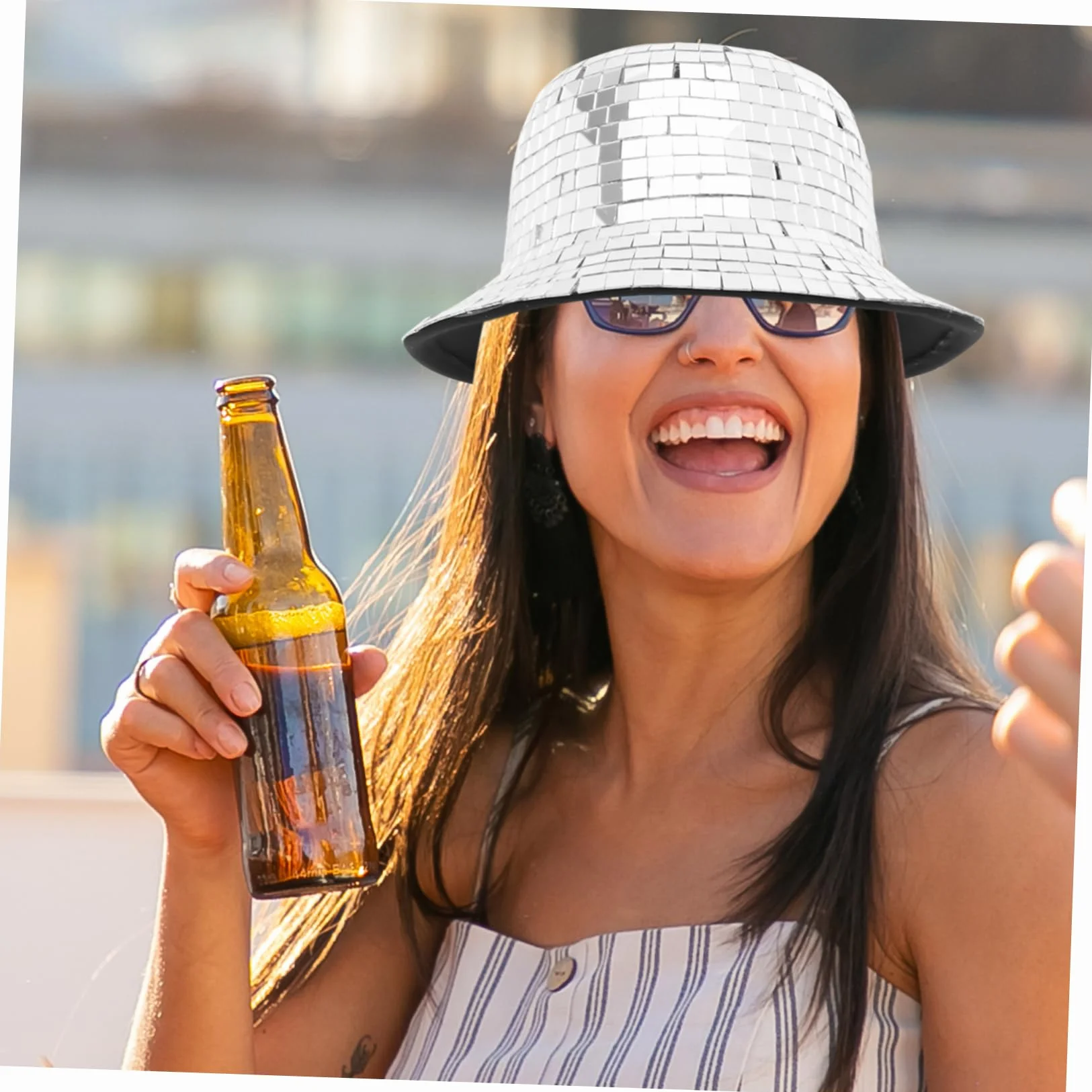 LABRIMP Sombrero de Espejo Disco para Mujer y Hombre Estilo Pescador Lentejuelas Plata, Cómodo y Chic para Decoración Verano en Fiestas y Eventos