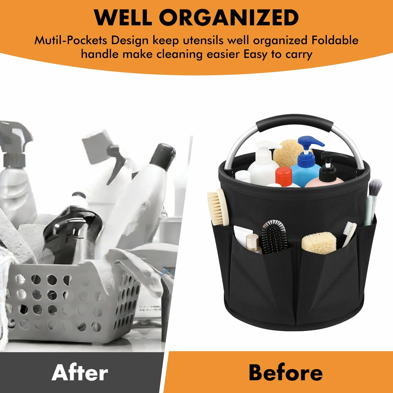 Organizador de Limpieza Plegable de 2 Piezas, Cubo 17L con Asa y 6 Bolsillos, Bolsa Almacenamiento de Tela Oxford 600D Impermeable, Cubo Portátil Multiusos para Hogar, Baño, Jardín,Negro