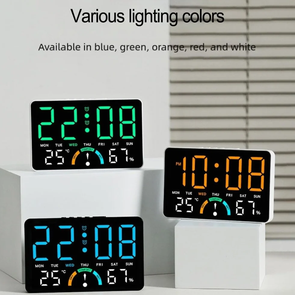 Reloj digital LED grande con indicadores de hora, humedad, temperatura, fecha, alarma y nivel de comodidad, diseñado para colgar en la pared o configuración plana (azul)