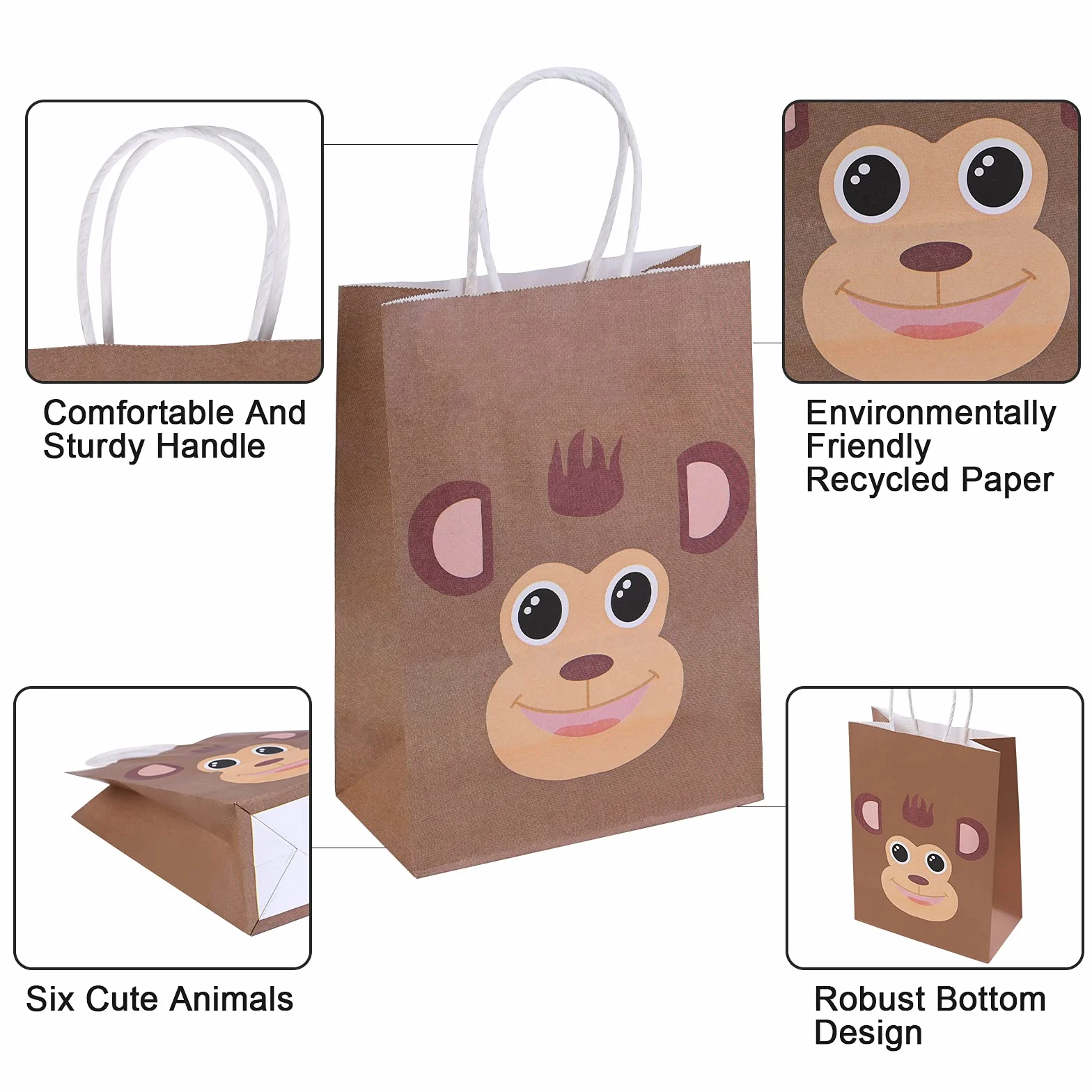 flintronic 18PCS Bolsas Regalo Navidad,(Talla 21 * 15 * 8 CM) Animales Bolsas Cumpleaños Infantil Bolsas de Papel,Bolsa de Regalo de Papel Kraft,para Animales Selva Fiesta con 6