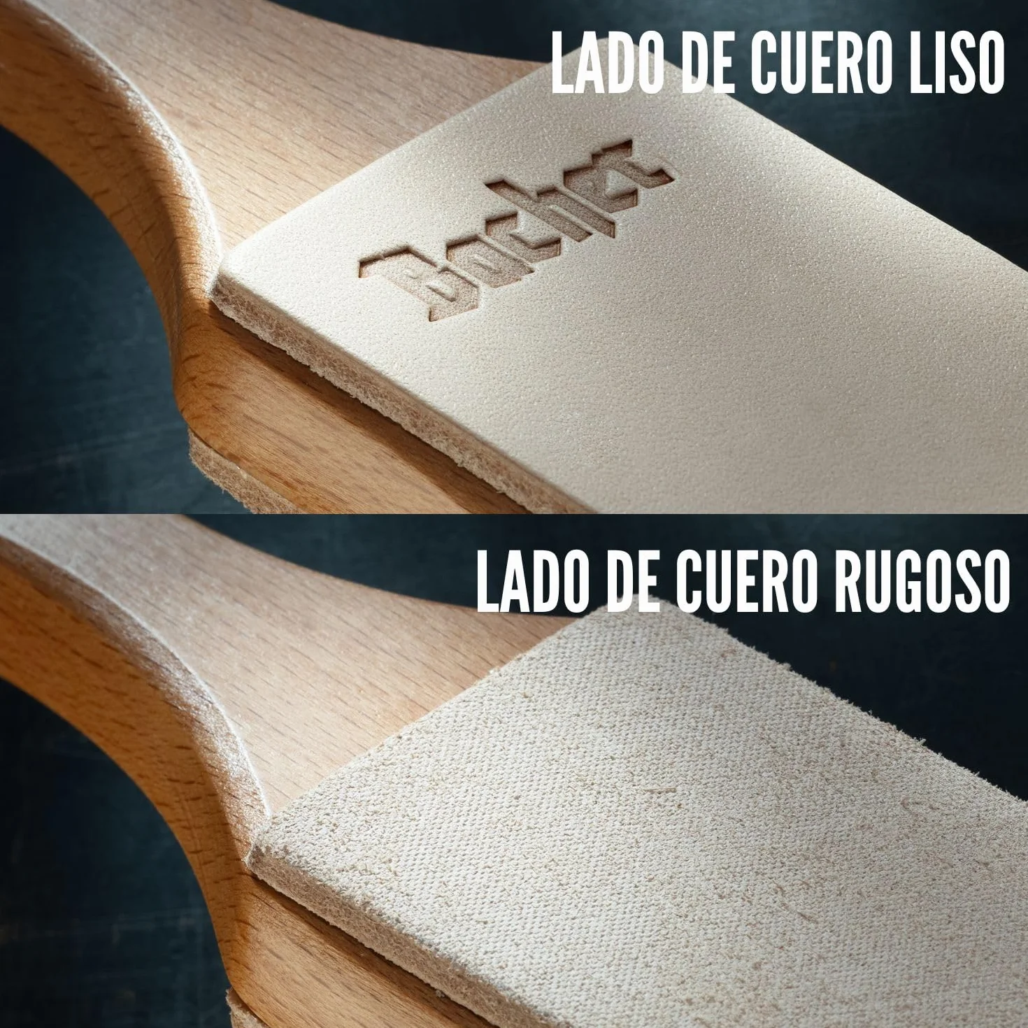 BACHER Premium Asentador de Cuero Strop para Cuchillos Paleta de madera dura cubierta concuero de curtido vegetal de 1/8"de grosor. Incluye un kit de 4 compuestos de afilado.