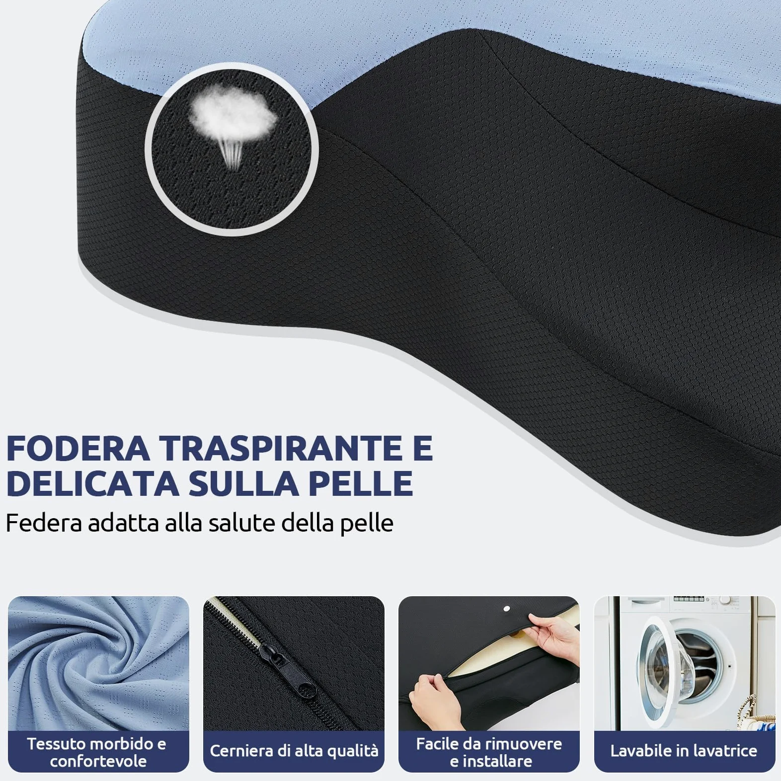 DONAMA Almohada cervical para dormir, cojín cervical ergonómico para dormir de lado, espalda y boca abajo con funda de almohada extraíble y lavable (azul y negro, 66 x 37 x 13 cm)