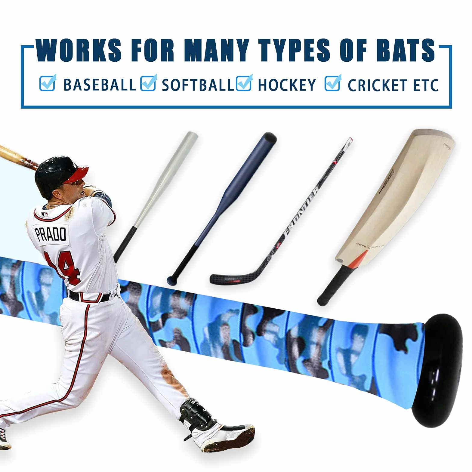 Cintas de agarre de bate de béisbol 111.8 cm 0.8 mm Paquete de 2 para hockey sobre hielo