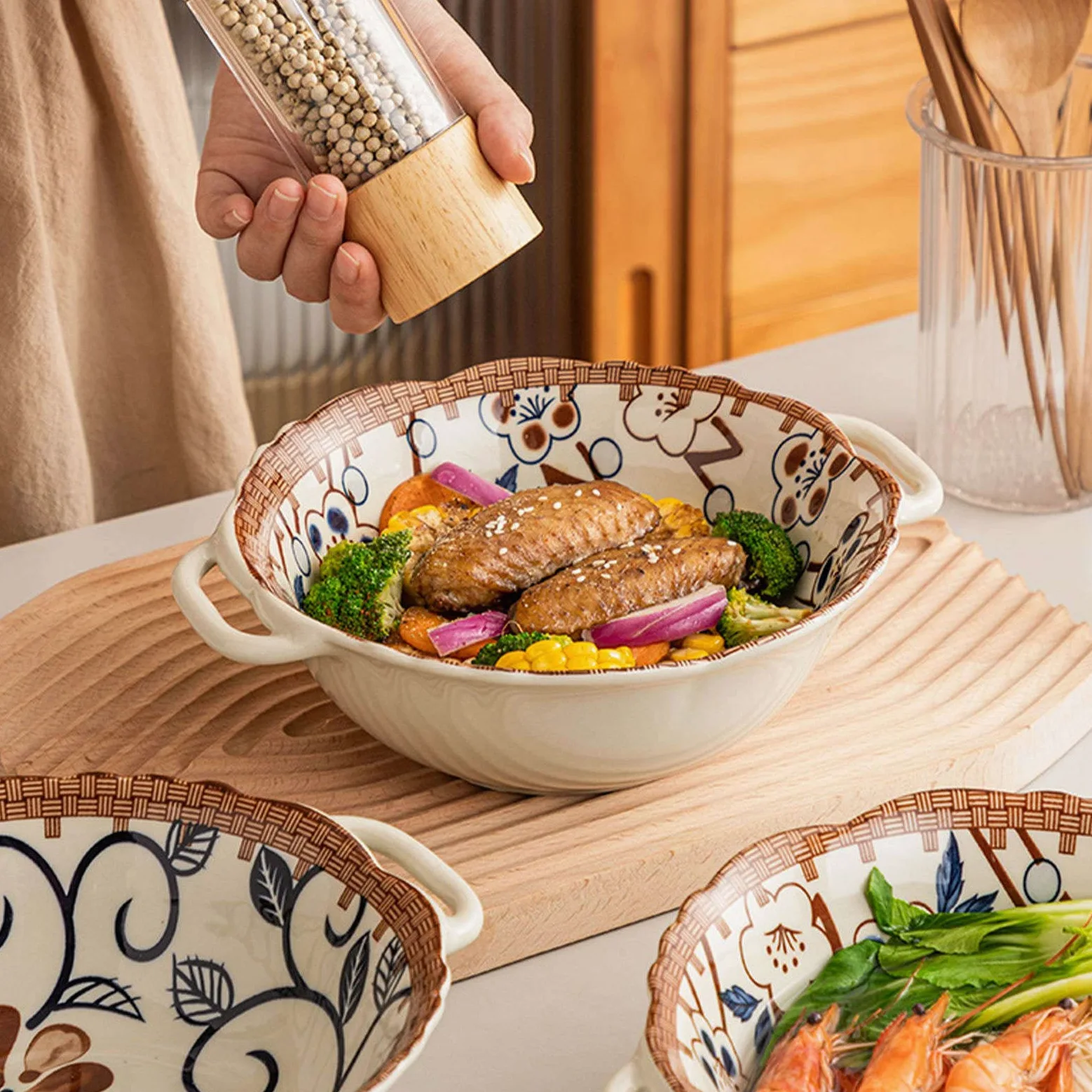 Ensaladera, Tazones De Sopa, Tazón De Cerámica Con Asa, Tazón De Ramen De Cerámica, Tazones Pho Grandes, Tazón De Sopa Apto Para Microondas, Tazón De Fideos Udon-Fu-23x20x7cm, 800ml (Color : Cherry