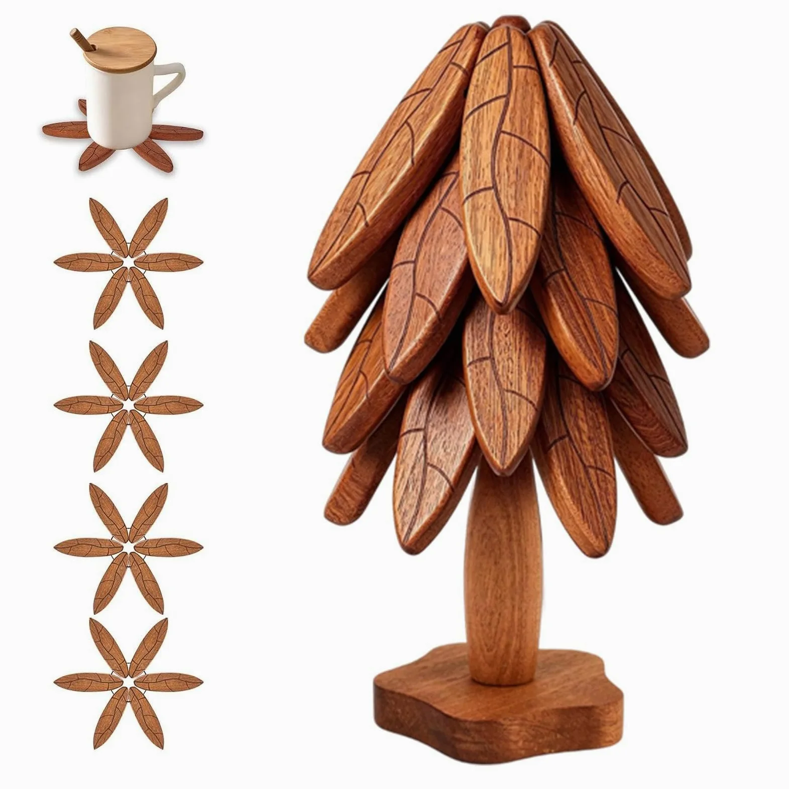 Juego Salvamanteles Árbol Madera 4 Posavasos navideños con Aislamiento | Salvamanteles De Árbol, Almohadillas Térmicas Para Platos Calientes Sartenes Cuencos Encimera Cocina Mesa Comedor H