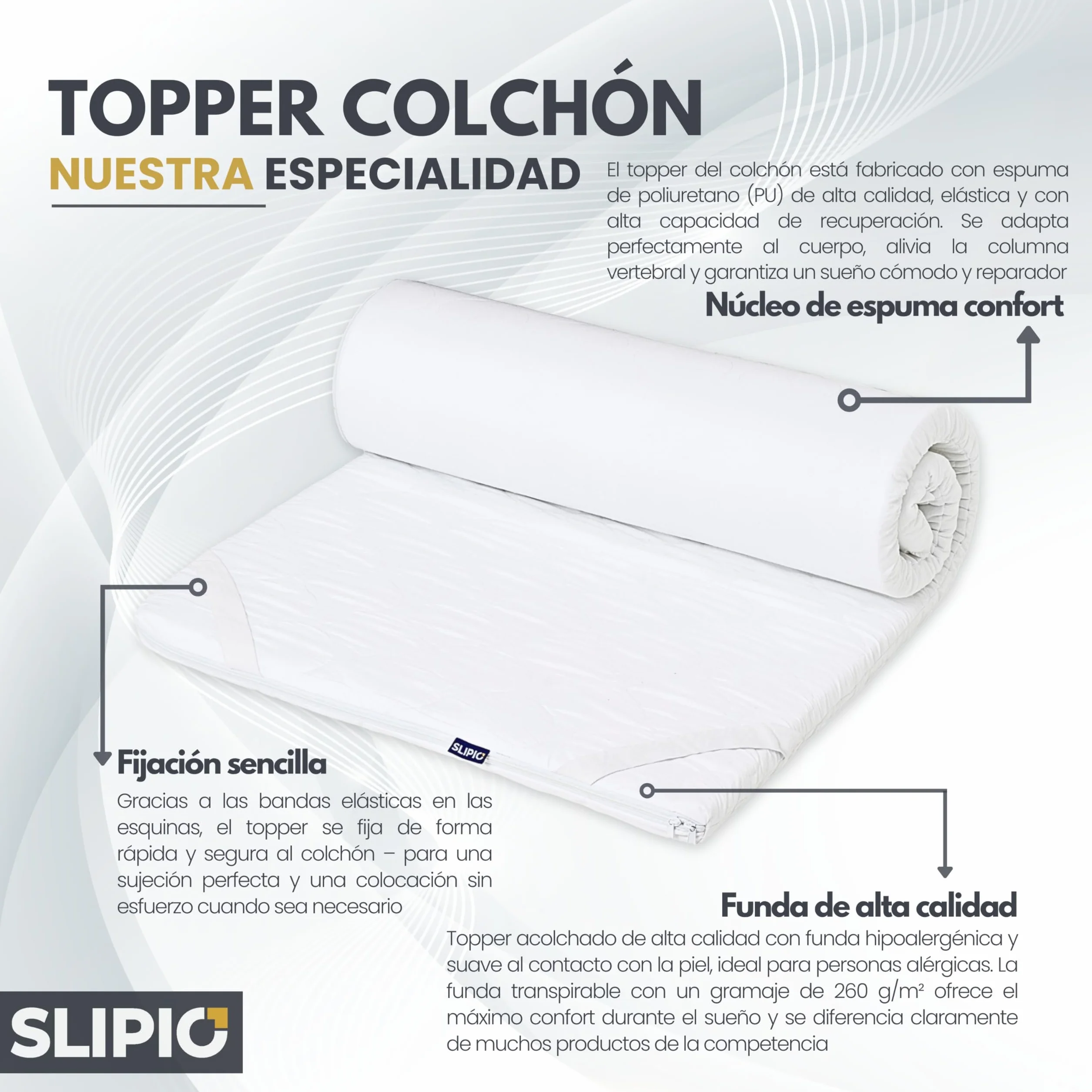 Topper de Colchón 100x200 cm | 5 cm | Ergo+ Espuma Ortopédica | Cubrecolchón | Funda Extraíble Antiácaros y Antialérgico