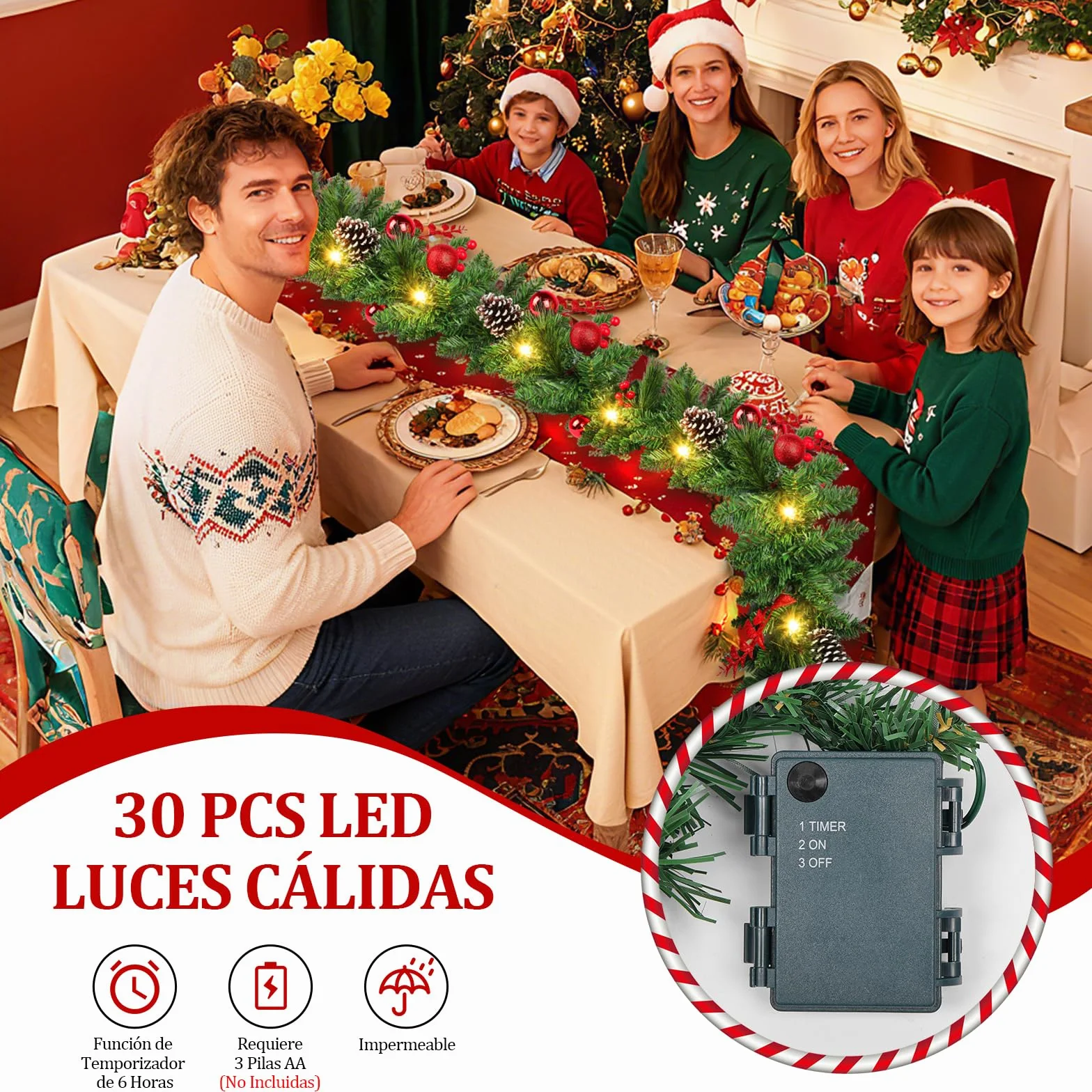 Guirnalda Navideña Artificial Premium 270cm, Guirnalda Navidad con Luces con Temporizador, Decoración Navidad Duradera para Chimeneas, Ventanas, Escaleras, Arco y Fiestas