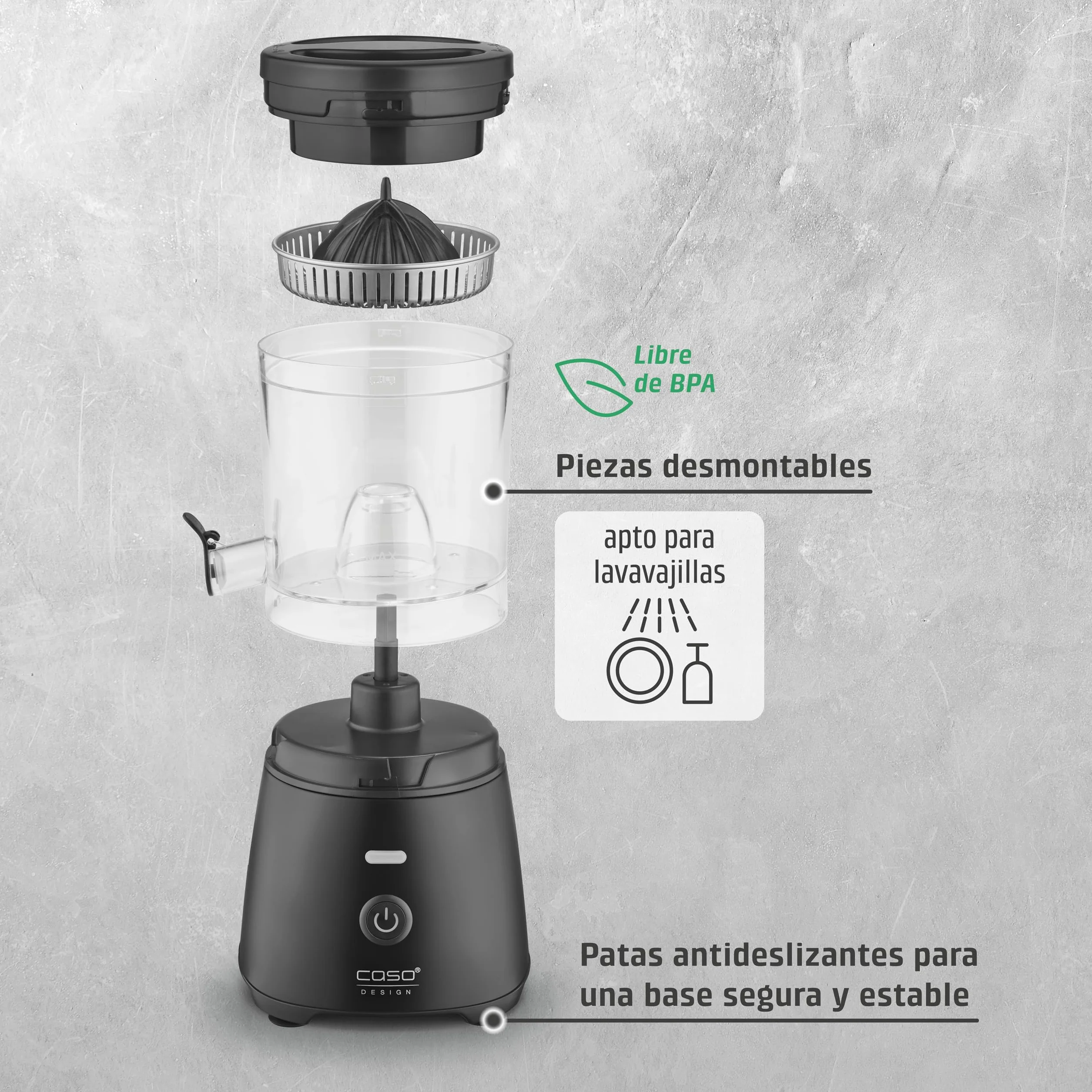CASO CP 400 Lift - Exprimidor Eléctrico con cono universal para Naranjas y Cítricos, 300W, antisalpicaduras, alta extracción de zumo, pies con ventosa, libre de BPA, apto para lavavajillas,