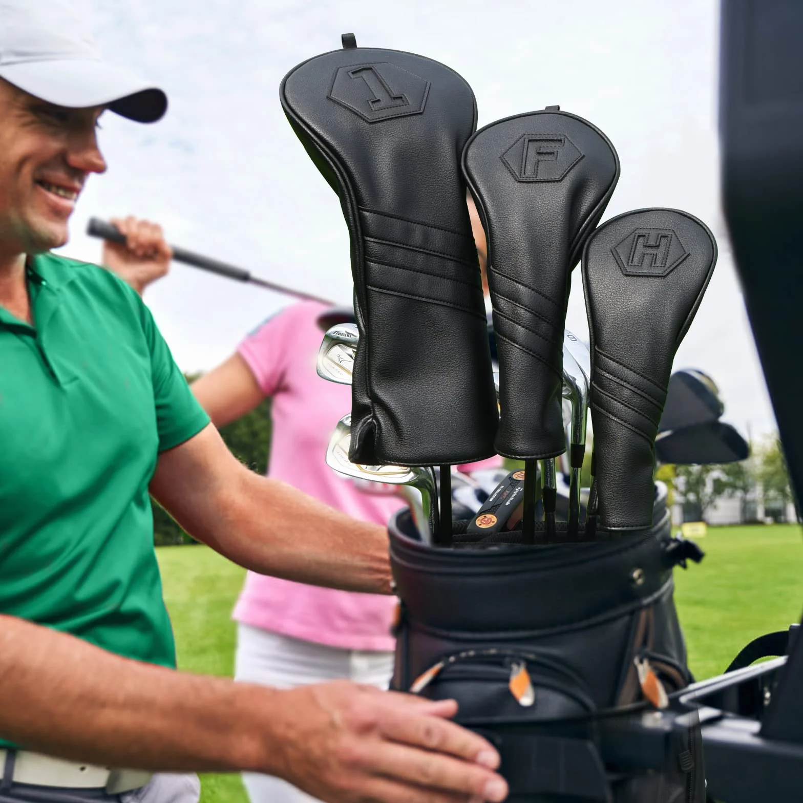 Fundas para cabeza de palo de golf madera Driver Fairway Hybrid 1FH negro piel sintética cierre elástico