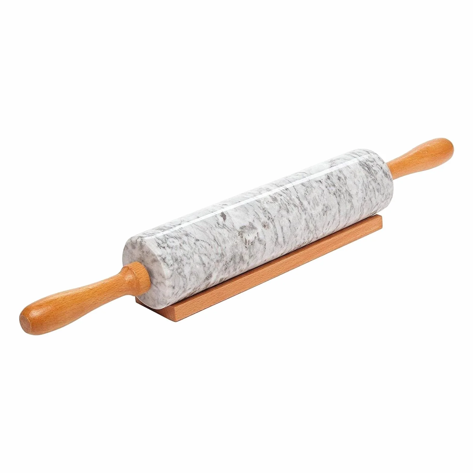Rodillo de Mármol de Lujo con de Madera Y Soporte. Accesorios de Cocina Fáciles de Limpiar. Rodillo Antiadherente para Pasta, Tartas, Rep, Blanco, Individual