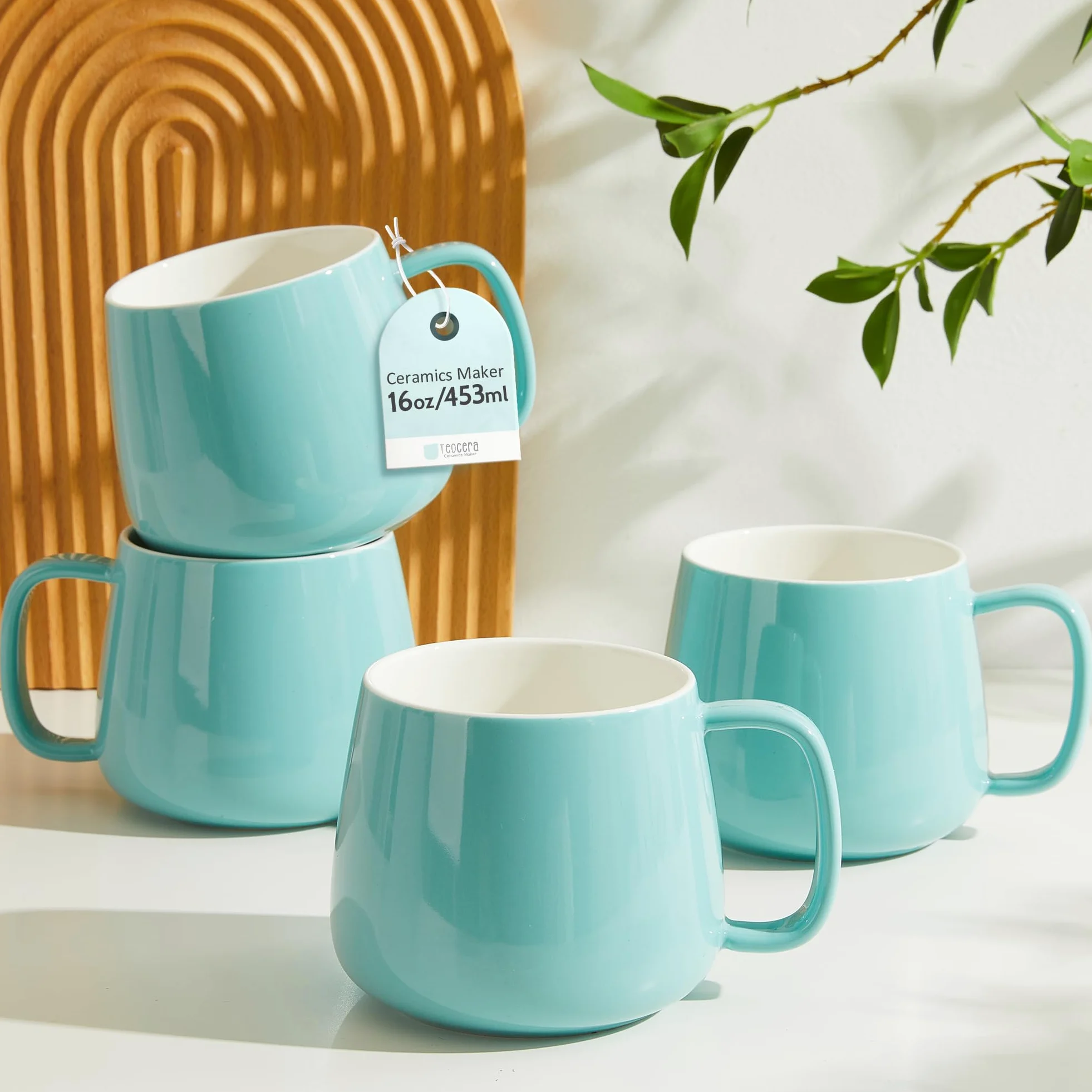 Teocera Juego de 4 tazas de café de cerámica de 473 ml, apilables, aptas para microondas, lavavajillas y horno, ideales para café, capuchino, chocolate caliente, regalos de inauguración de la casa