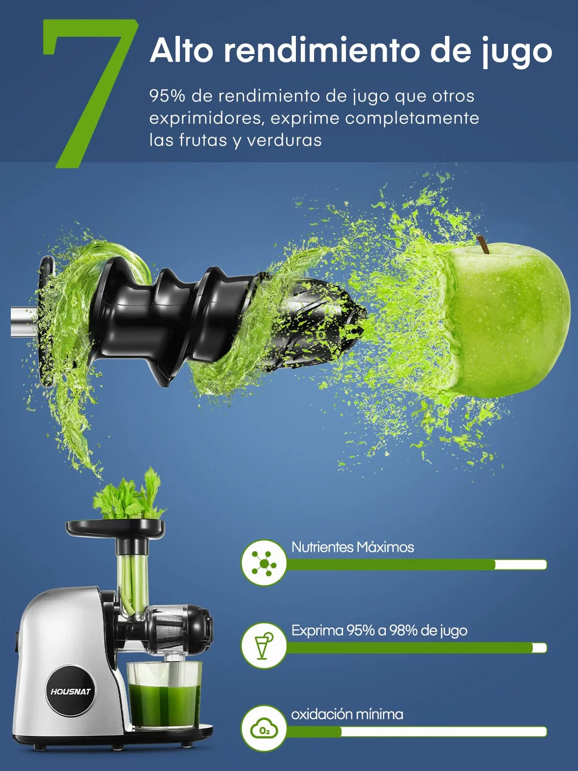 Housnat Extractor de zumos y verduras, Licuadora de Prensado en Frío con Motor Silencioso y Función Inversa, Licuadora para Verduras y Frutas Fácil de Limpiar con un Cepillo Extra, con Recetas