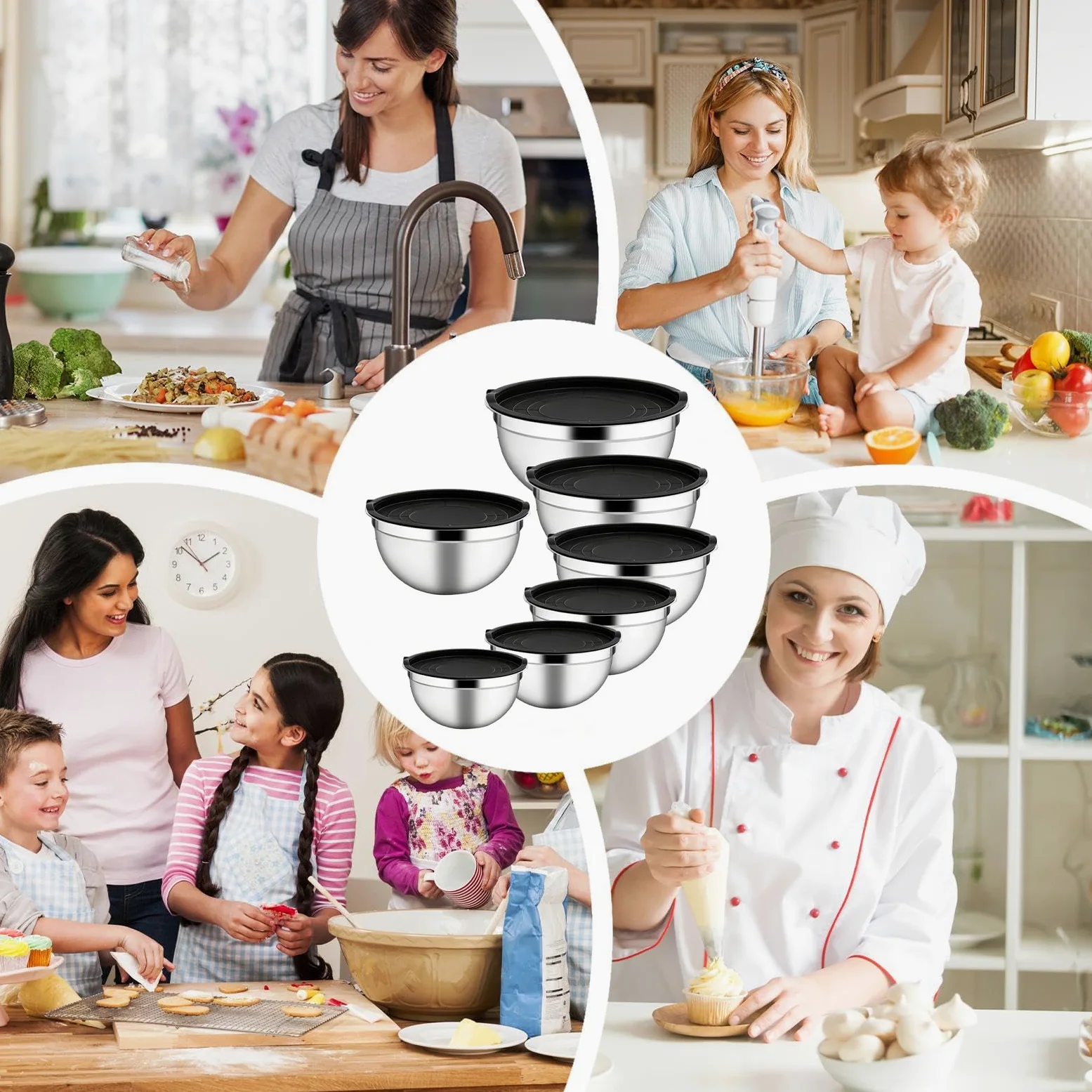 Boles de Mezcla de Acero 7 Piezas Herméticas De Acero Inoxidable Apilables | Cuencos Organizadores De Alimentos Para Salsa Cereales Snacks Huevos Condimentos Vegetales