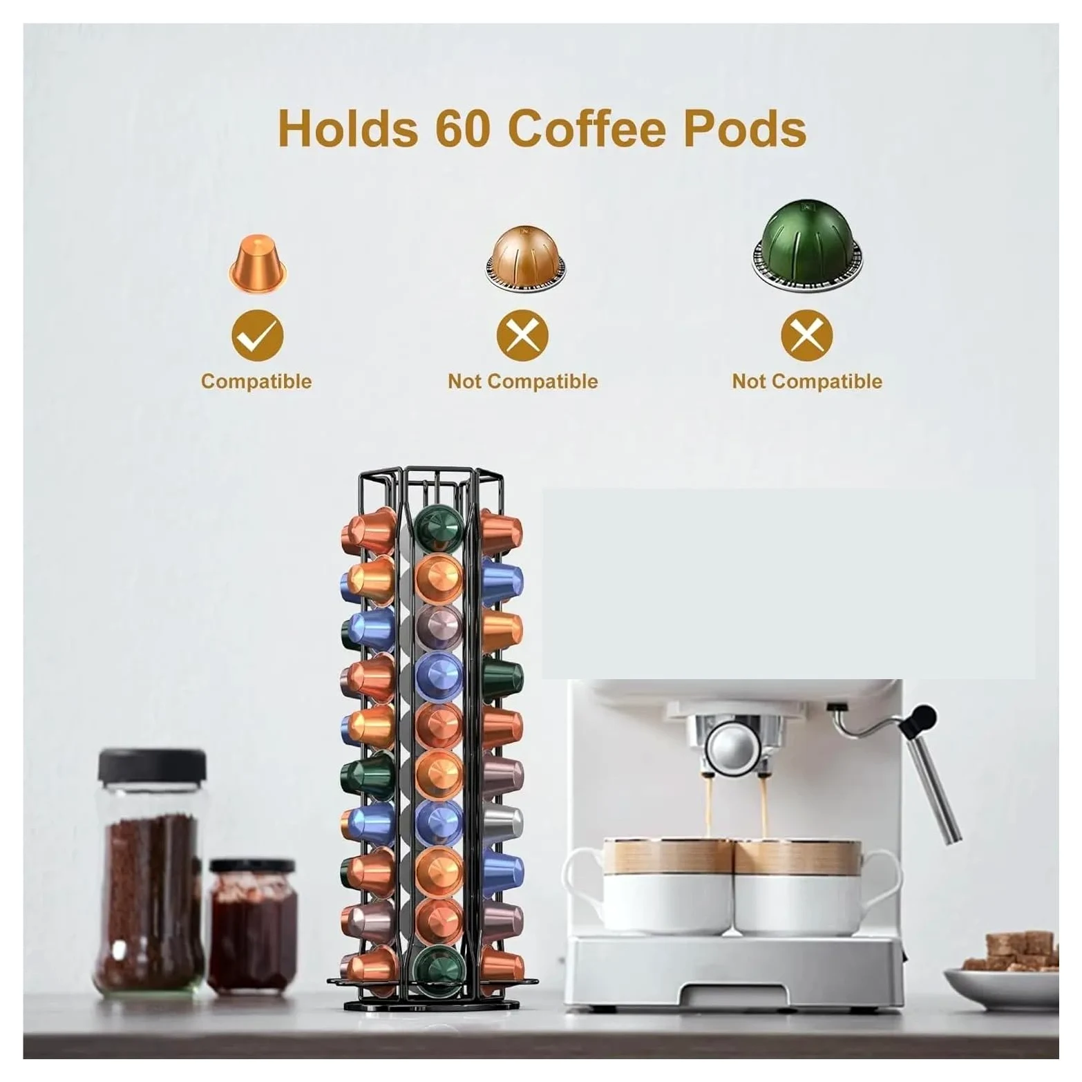 Soporte for cápsulas de café, Compatible con Nespresso, | Carrusel de cápsulas de café giratorio 360 60 cápsulas de café(40-Slivery)