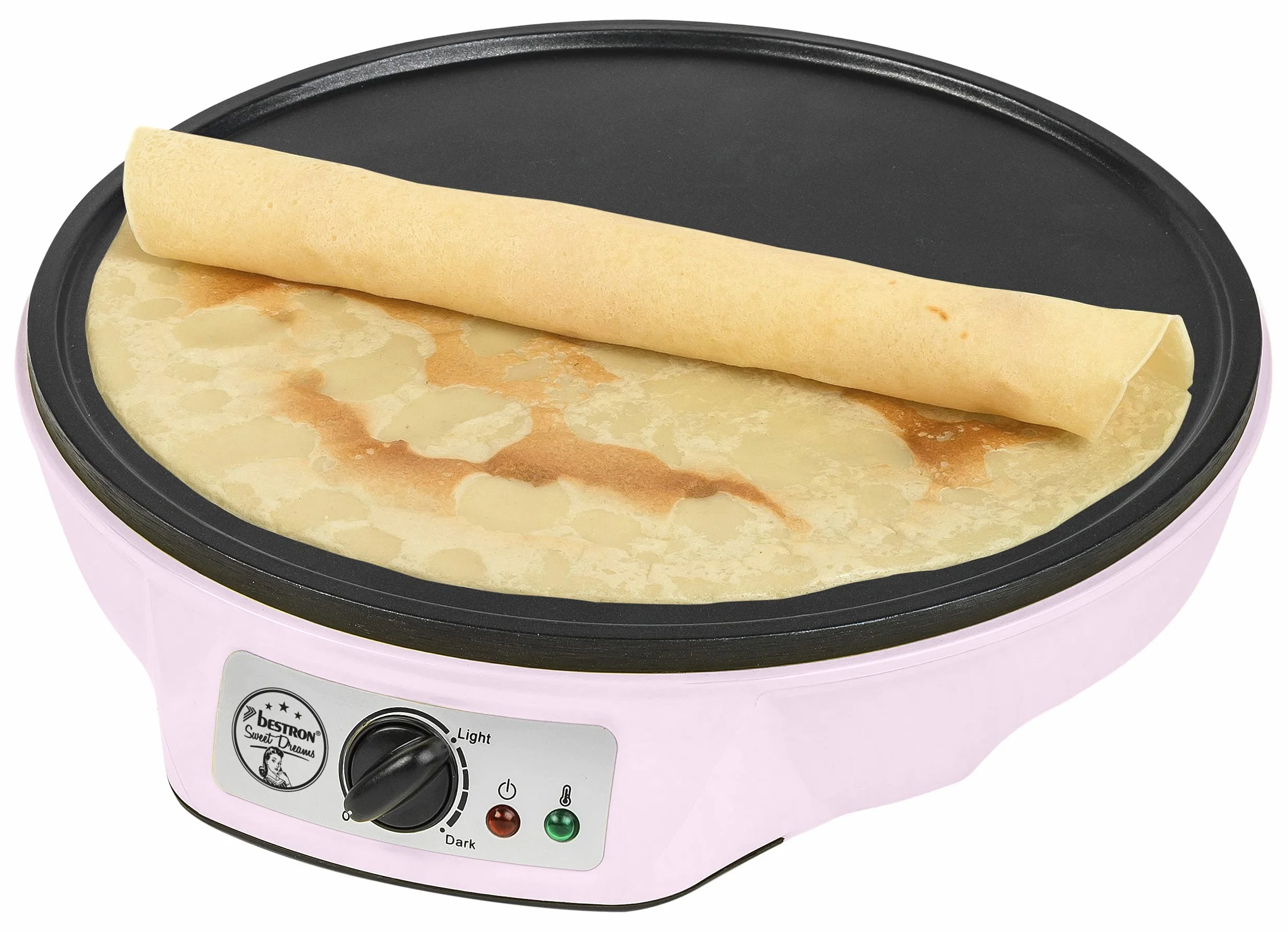 Bestron Crepera de diseño retro, Crepera electrica para crepes de Ø 30 cm, incl. esparcidor de masa y volteador de crepes, con revestimiento antiadherente, 1000 vatios, color: rosa