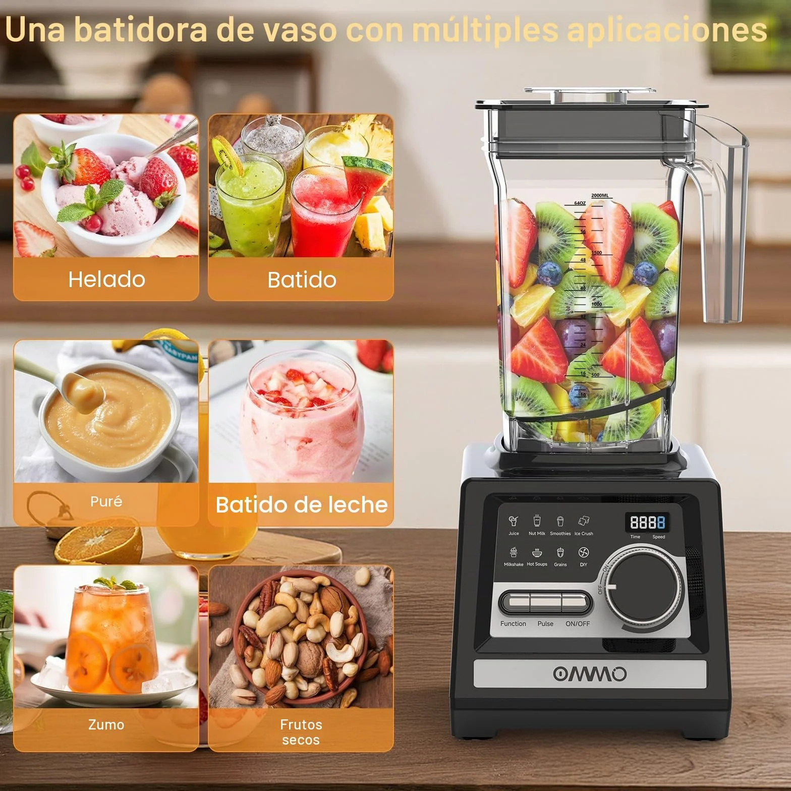 OMMO 2L Batidora de Vaso, 1800W Batidora Smoothies con 9 Controles de Velocidad para Hielo Roto, Batidos, Bebidas y Frutas Congeladas, Sin BPA