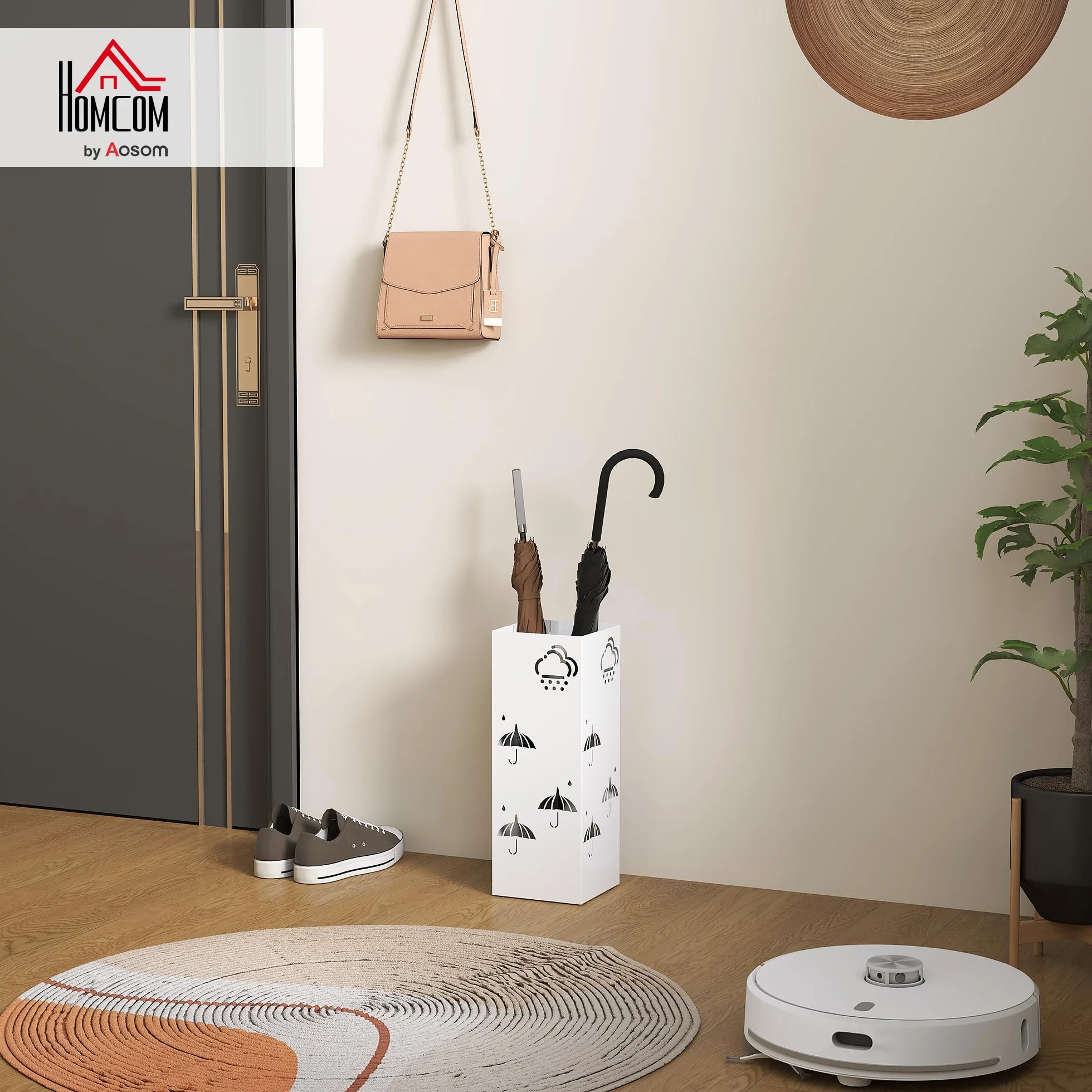 HOMCOM Paragüero de Acero Soporte Paraguas 4 Ganchos Bandeja Goteo Extraíble Blanco Entrada Oficina 15,5x15,5x41 cm