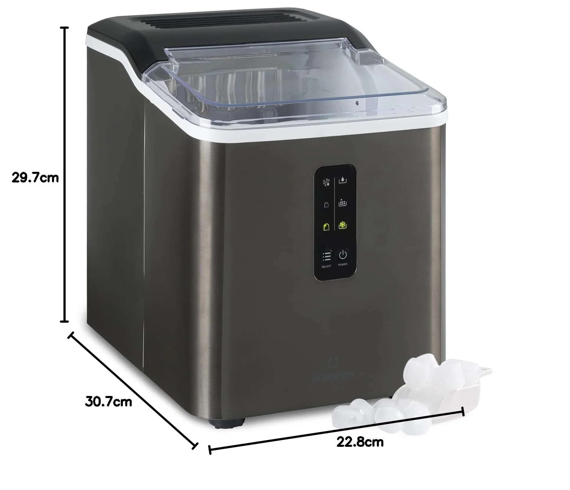 Klarstein Maquina de Hielo Pequeña, Maquina de Hacer Hielo de Sobremesa para el Hogar y la Cocina, Capacidad de 1,5L, Funcionamiento Rápido, 12kg Hielos Grandes y Pequeños, Ice Maker Autolimpiable