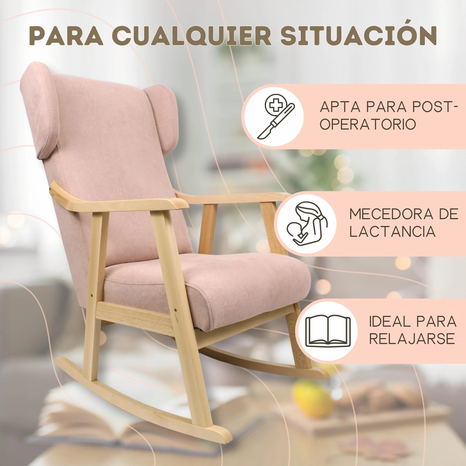Mecedora Orejera Mod. Torino Sillón Balancín Lactancia Antimanchas Madera Haya Maciza Fabricado España Marrón Natural
