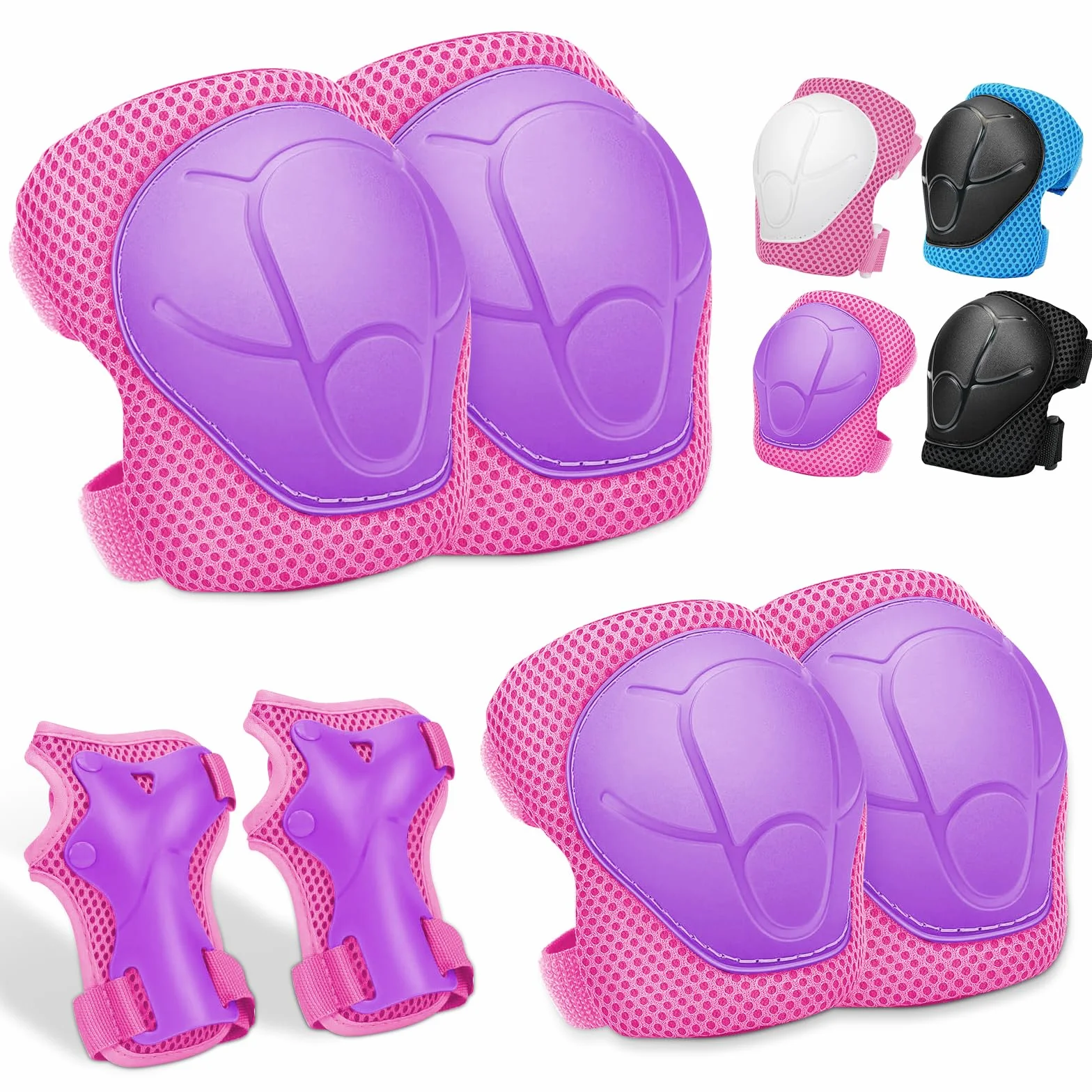 Rodilleras y Coderas Ajustables para Niños, 6 en 1 para Monopatín, Patines, Hoverboard (Rosa/Morado)