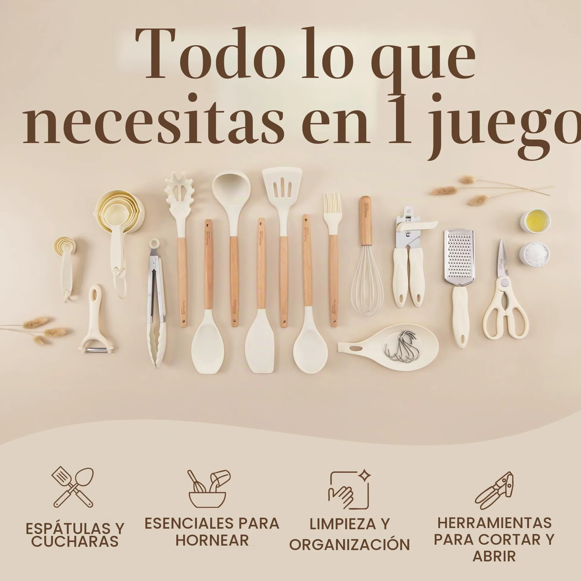 Juego de utensilios de cocina antiadherentes, utensilios de silicona resistentes al calor con mango de madera, cucharones, cucharas y espátulas