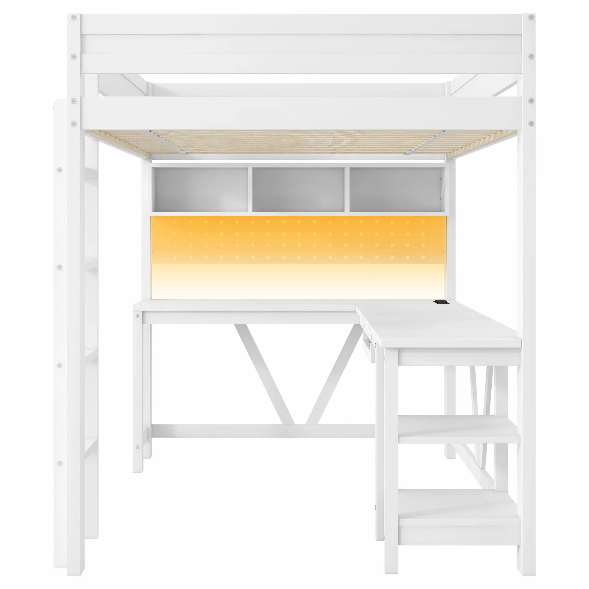 Moimhear Cama alta de madera para videojuegos con escritorio, estantes de almacenamiento, iluminación LED y base de carga, 90 x 200 cm (blanco)