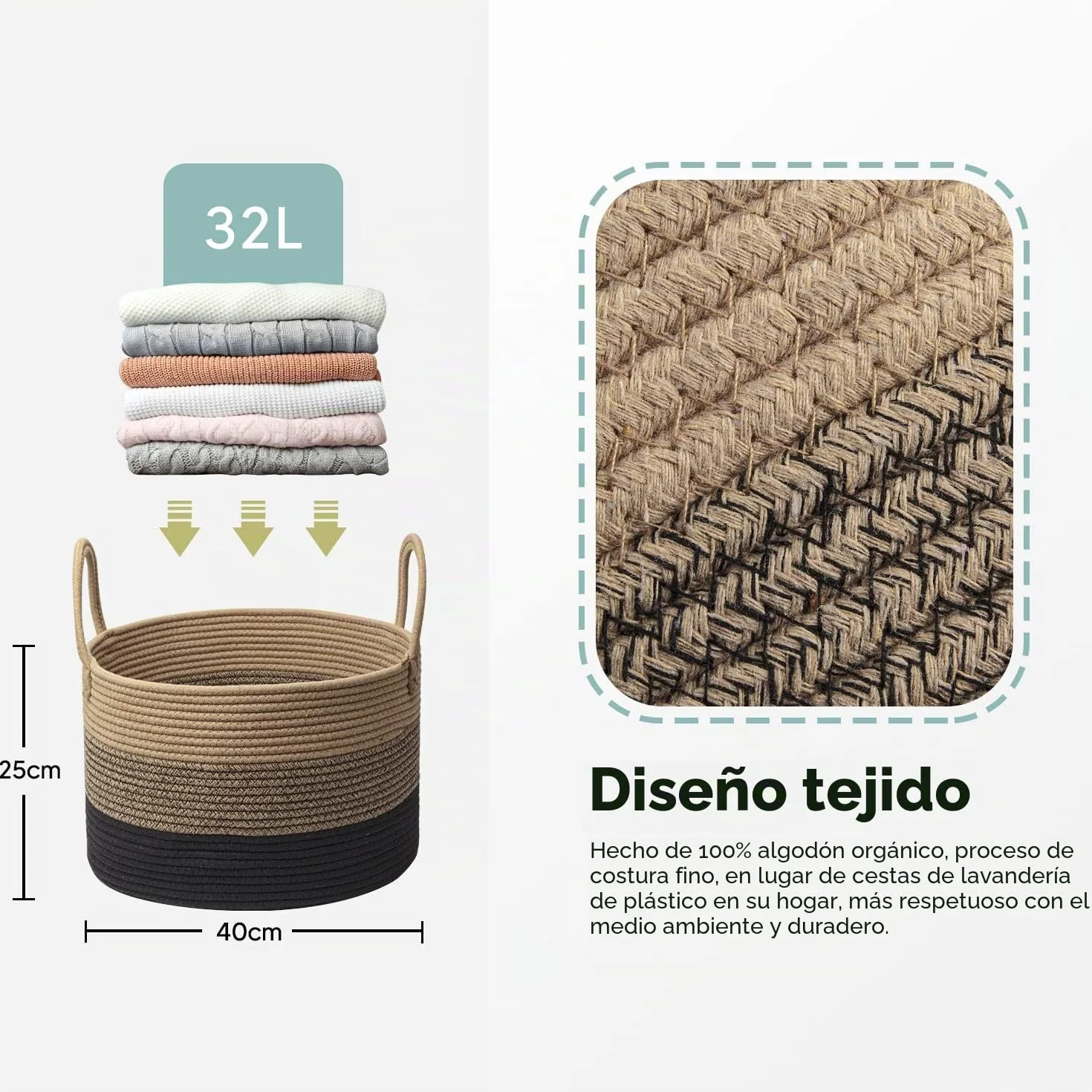 Cesta de Cuerda de Algodón Plegable 32L D40 x H25 cm Cestas de Lavandería Tejidas Almacenaje Marrón Mixto