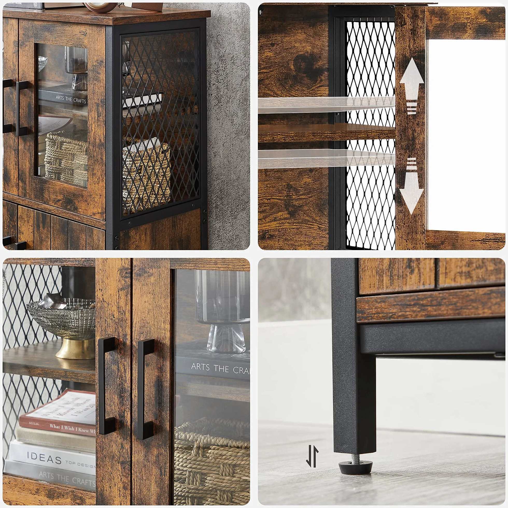 VASAGLE Armario Almacenaje, Armario Aparador, Estante Ajustable, Armario de Baño, Estructura de Acero, para Salón Cocina, Estilo Industrial, Marrón Rústico y Negro LSC260B01