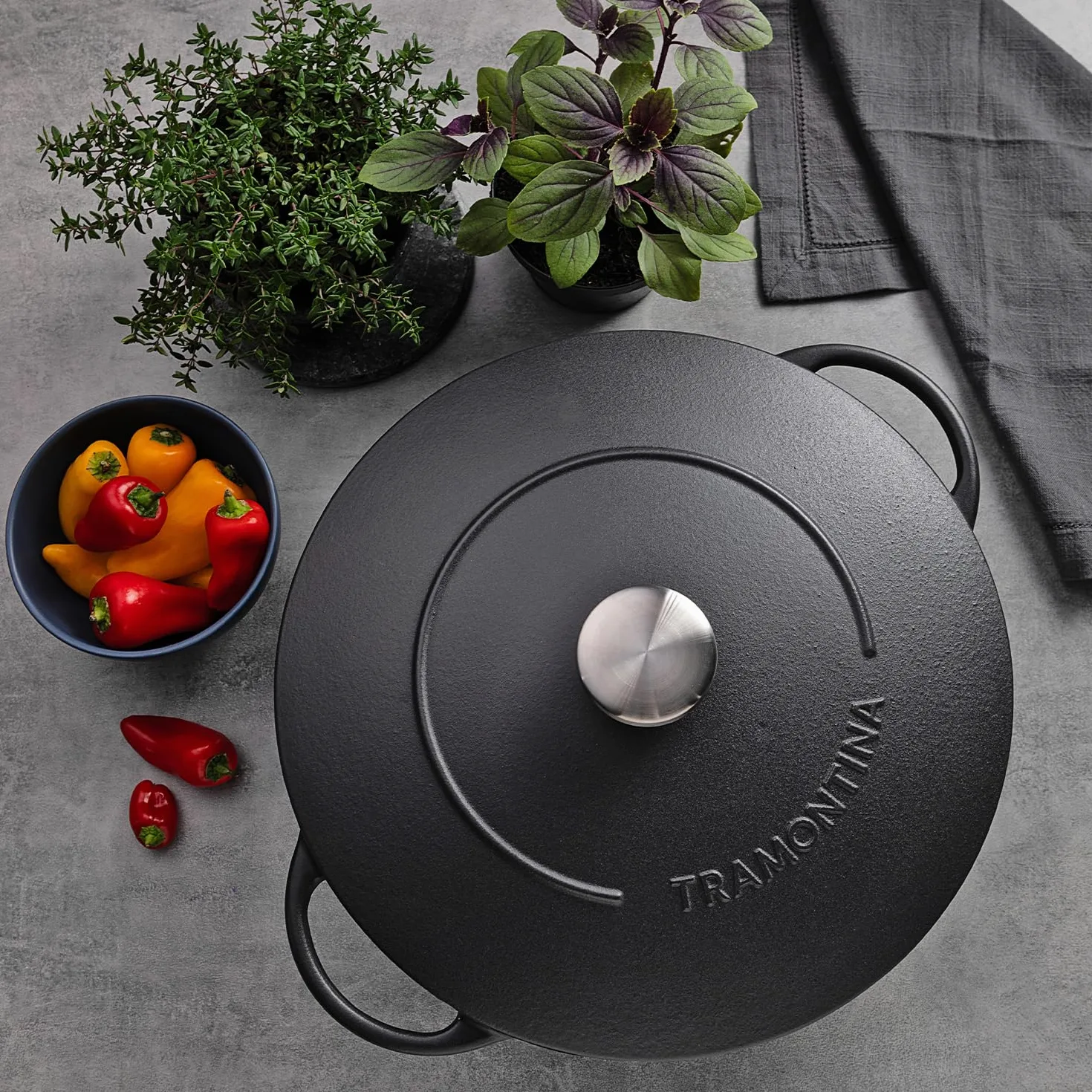 Tramontina Wok de Hierro Fundido Esmaltado Negro 32 cm 5L