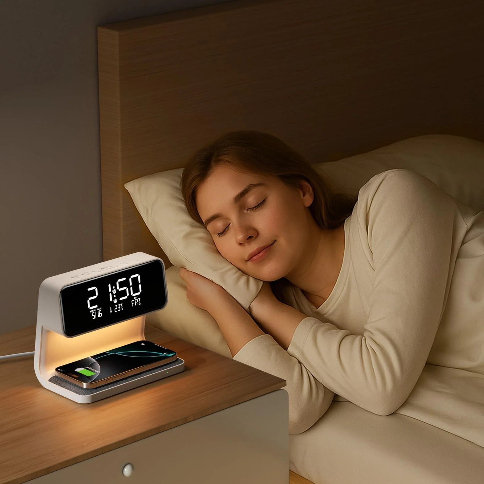 Despertador Digital, Reloj Despertador con Cargador Inalámbrico 15W, LED Pantalla Temperatura/Fecha/2 Alarmas/Snooze Ajustable/12/24H, Despertador Luz con Control Táctil para Infantil Adultos