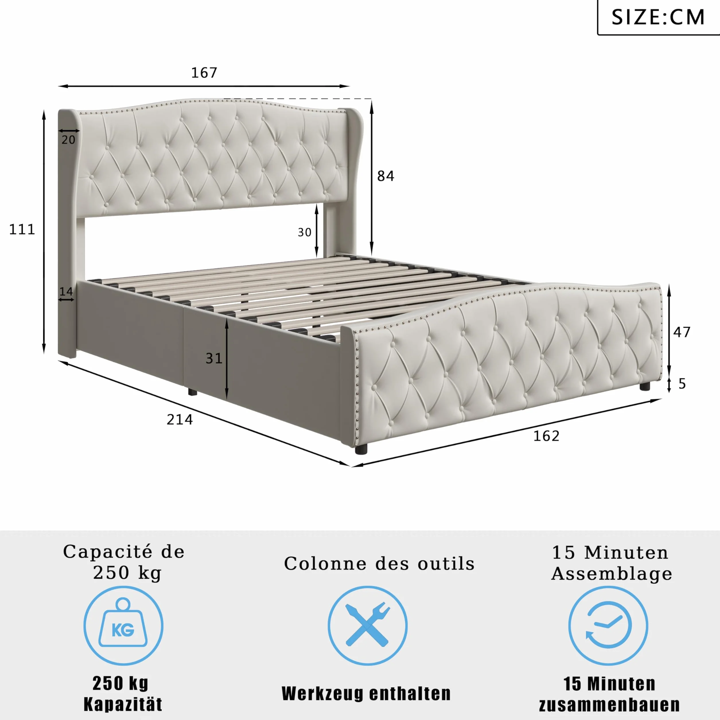 Cama Acolchada de 160 × 200, Cama Doble, Acolchado con Almacenamiento de Cama con somier de tablón, Marco de Cama con Almacenamiento de Maletero (Blanco Roto, Velours-3, 160 × 200