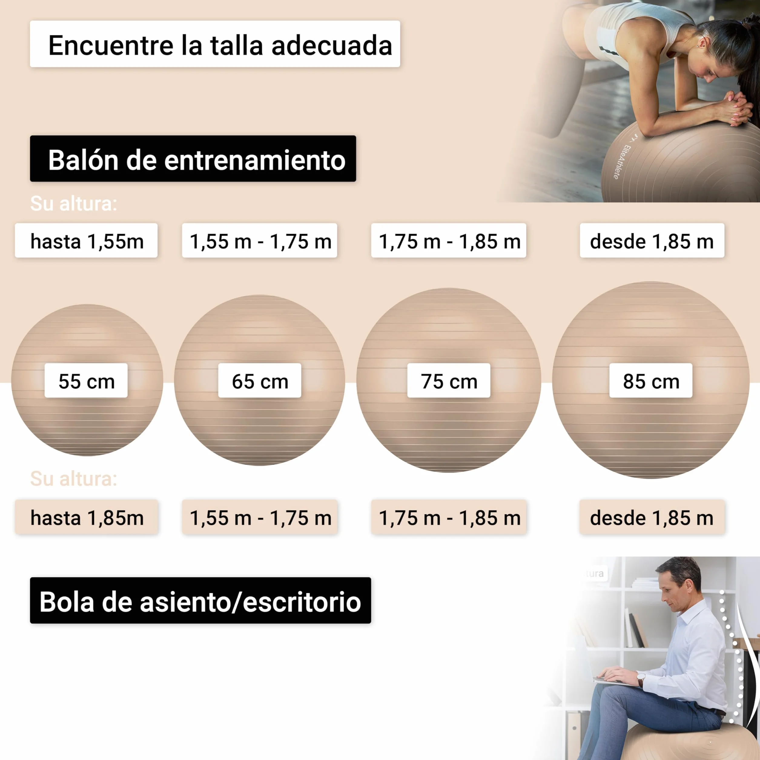 EliteAthlete Pelota de Pilates Fitball 55 cm 65 cm 75 cm 85 cm con Bomba de Aire