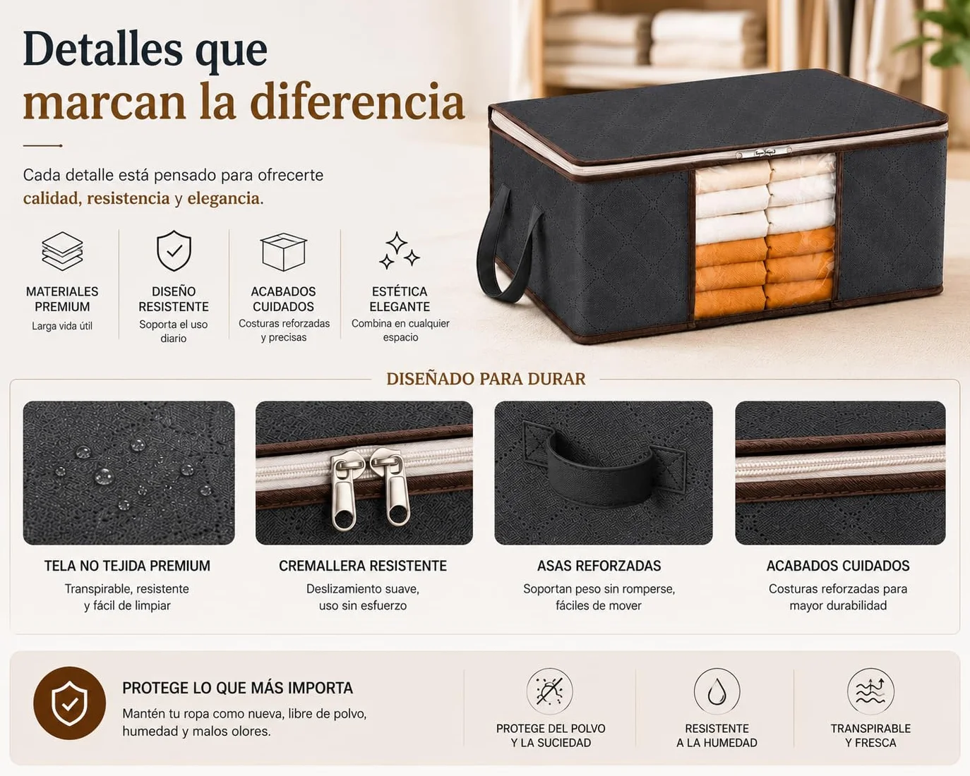 Bolsas de Almacenamiento Ropa 35L Pack 4 – Organizadores Armario con Ventana Transparente – Cajas de Tela para Guardar Ropa, Mantas, Edredones y Cambio de Temporada