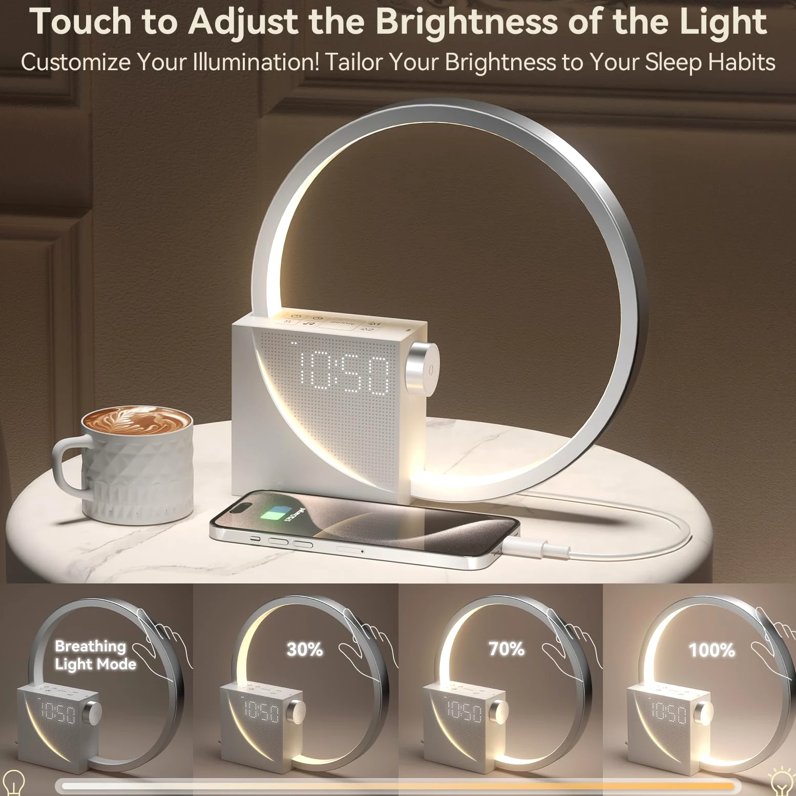 Vivilumens - Reloj despertador digital Sunrise, máquina de sonido de ruido blanco, temporizador de ayuda para dormir con puerto USB, visualización de relojes digitales regulables, repetición, 10 tonos
