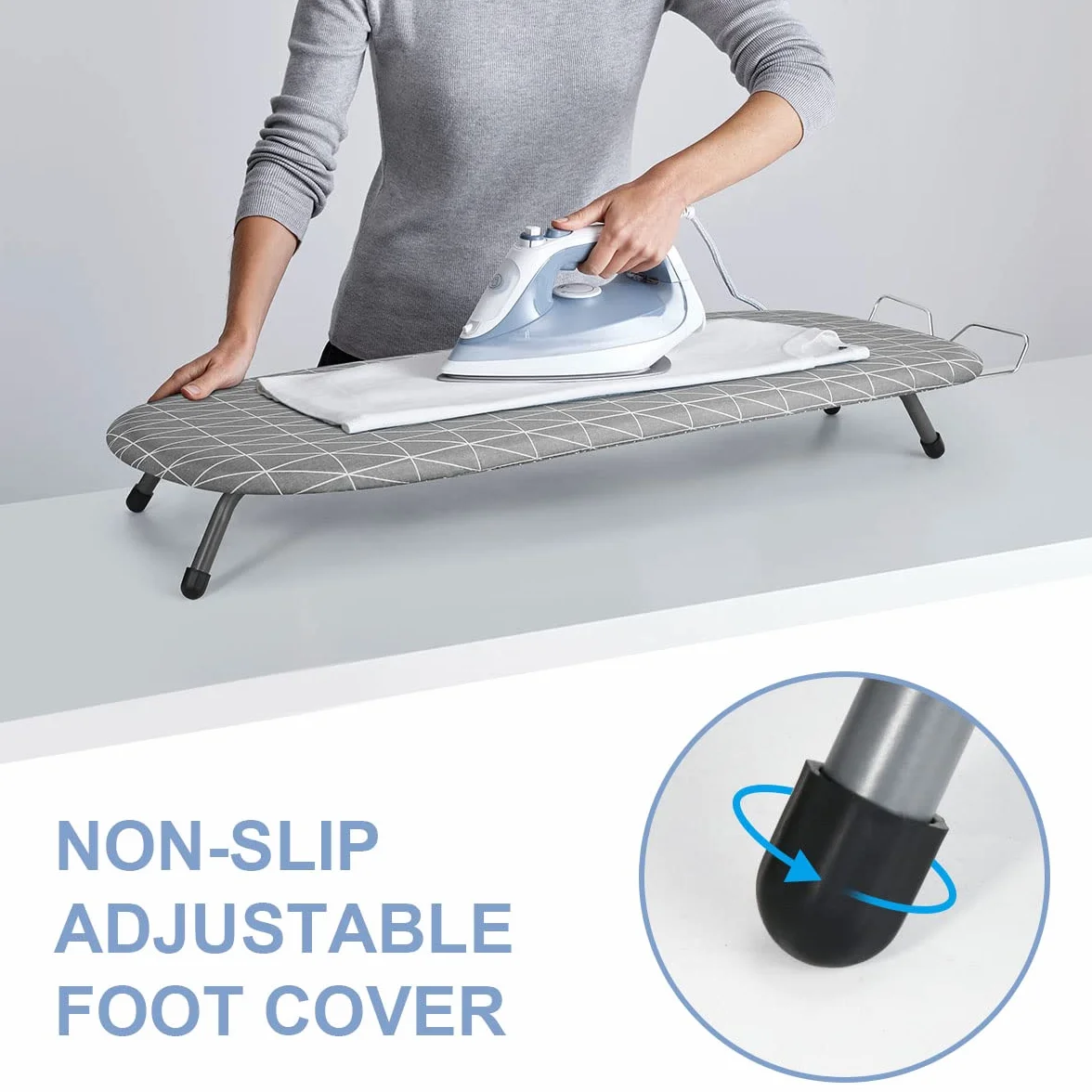 Johgee Tabla de planchar plegable con soporte para plancha, mesa compacta plegable de vapor con 2 fundas, patas plegables antideslizantes, peso ligero, ideal para apartamentos y caravanas, 82x32 cm