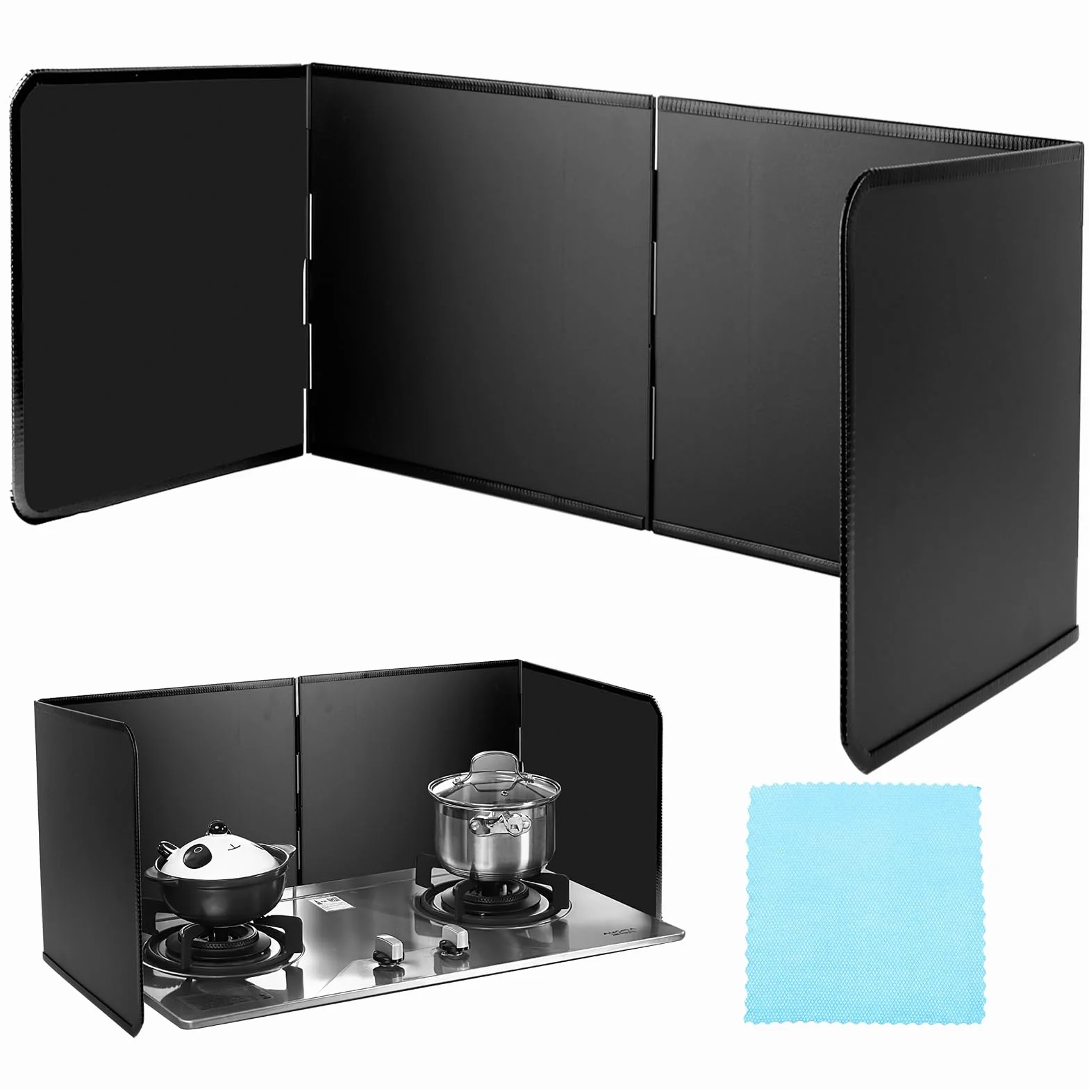 76*29*30cm Protector Salpicaduras Cocina, 3 Lados Panel Protector Antisalpicaduras Cocina Plegable Resistente al Calor, Protección Antisalpicaduras Pantallas con paño de limpieza, para Cocinar/Hornear
