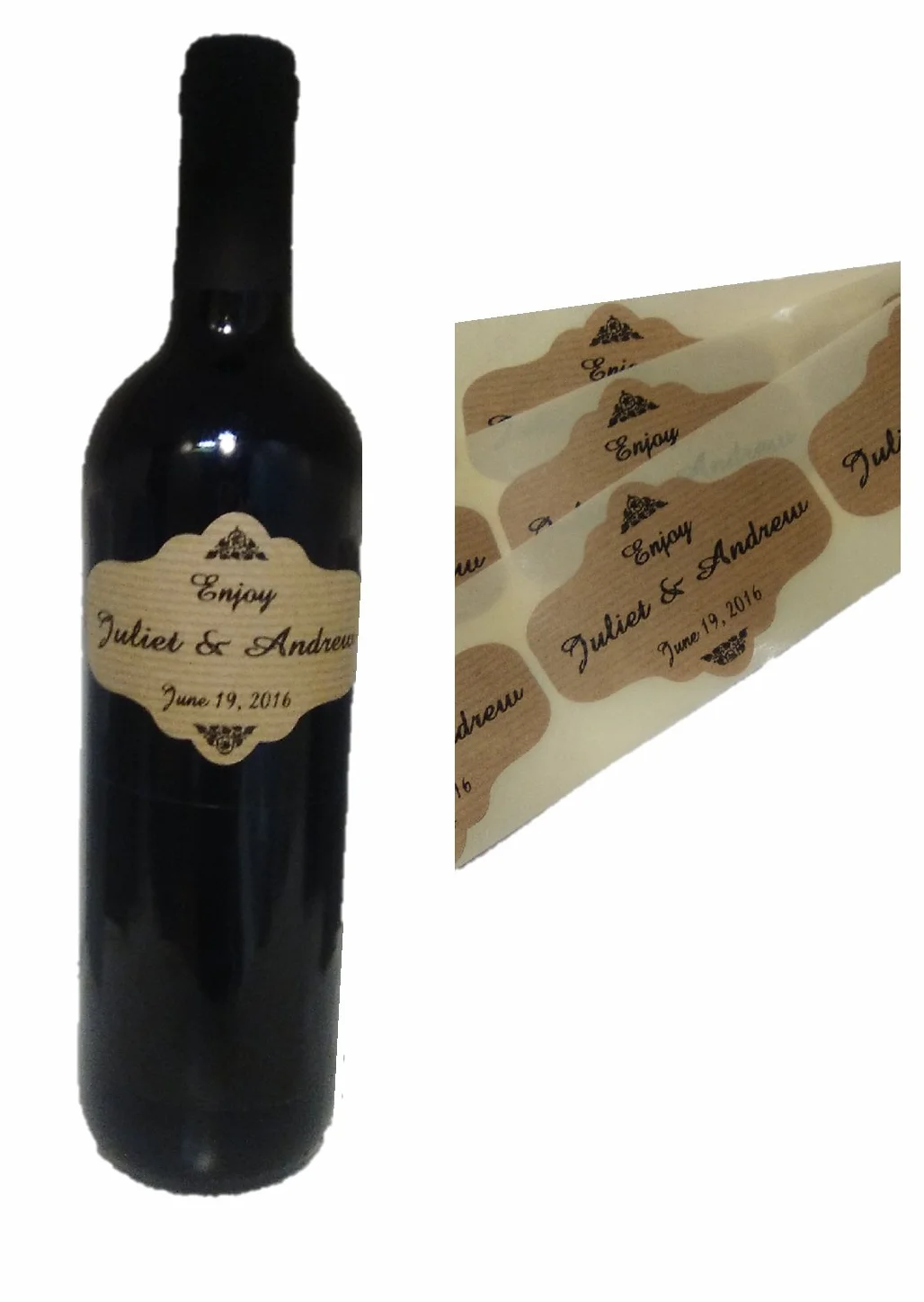 Etiquetas Adhesivas de Kraft para Botellas de Vino, Cerveza, 9x6 cm, Personalizables, Rollo (80)