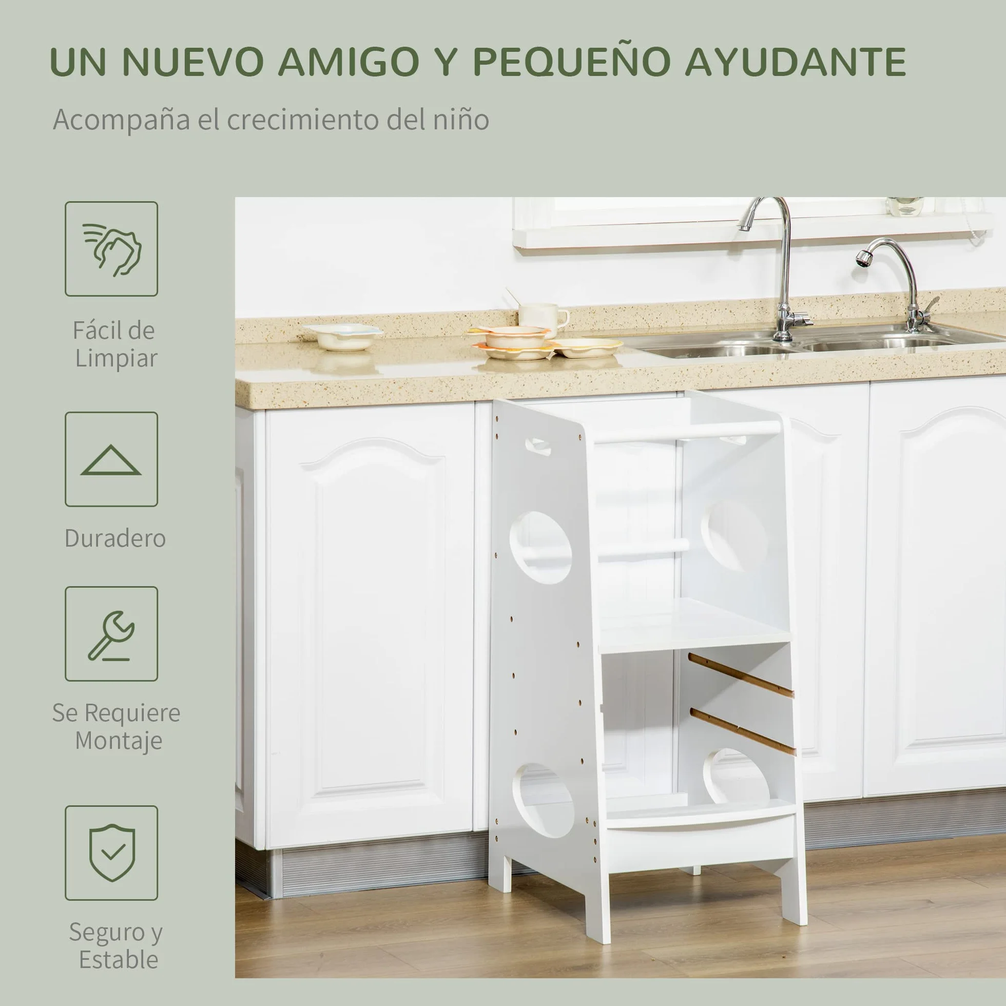 HOMCOM Torre de Aprendizaje Madera Niños Taburete Cocina Infantil Altura Ajustable 3 Posiciones Barra Seguridad 40x50x90 cm Blanco