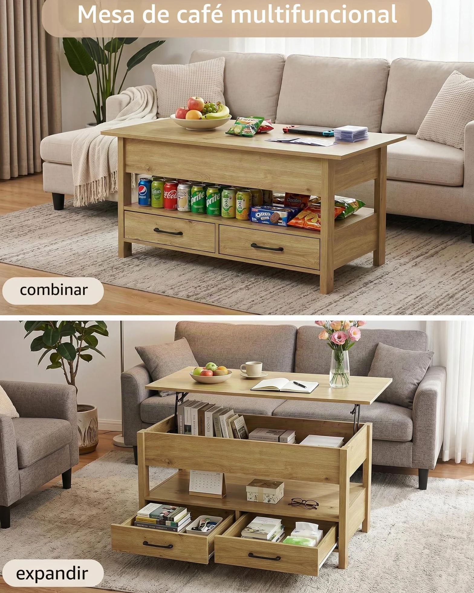 Mesa de Centro Elevable con LED RGB, Mesa Elevable y Extensible para Salón, Mesa Auxiliar Inteligente con Almacenamiento, Mesa para Sofa con Altura Ajustable
