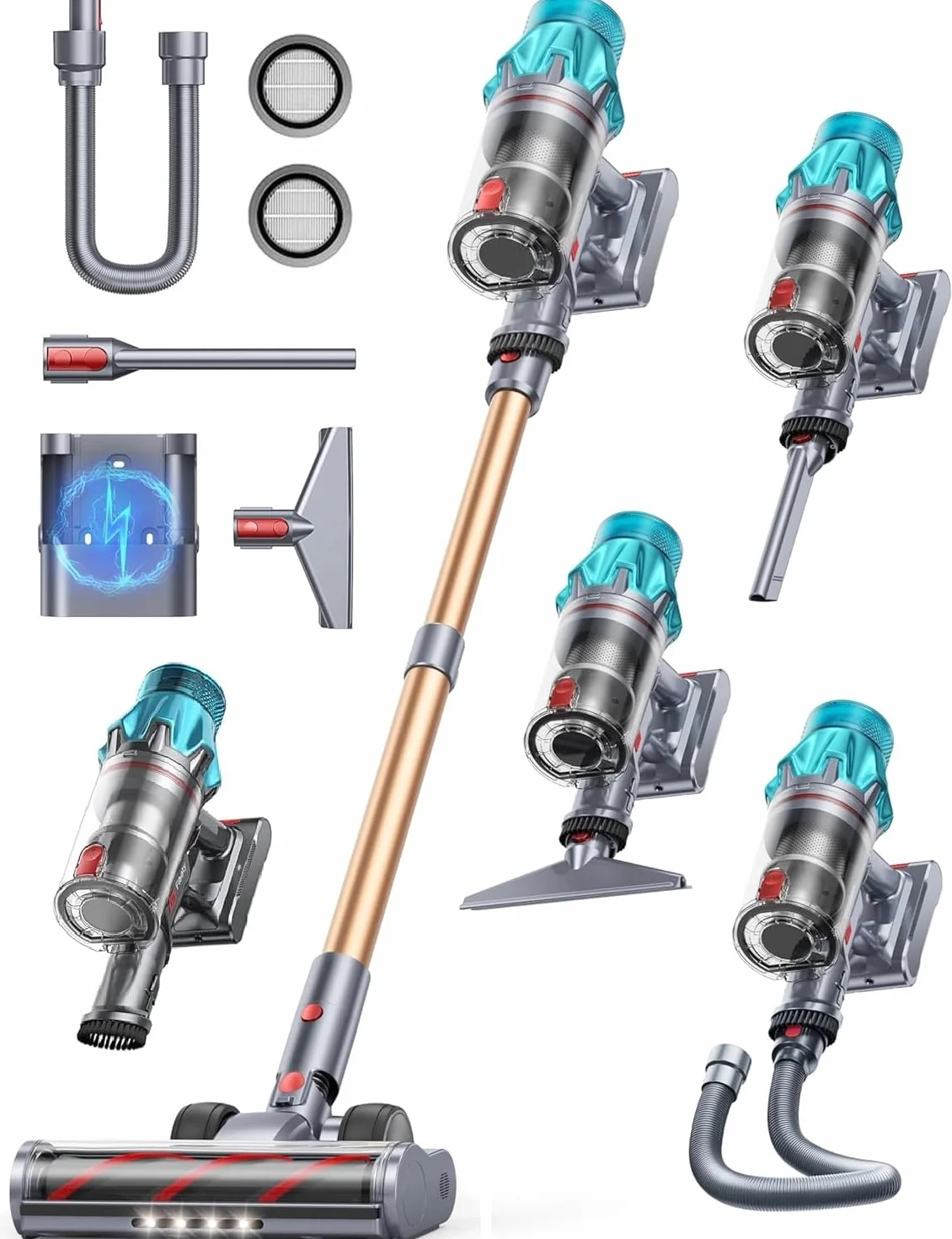 Fieety Aspiradora Sin Cable 50kPa/600W 65min/1.6L sin Bolsa 8en1 con Cepillo Anti-Enredos Cepillo para Sofá y Base de Carga para Pelo de Mascotas Alfombras Suelos Duros y Coche