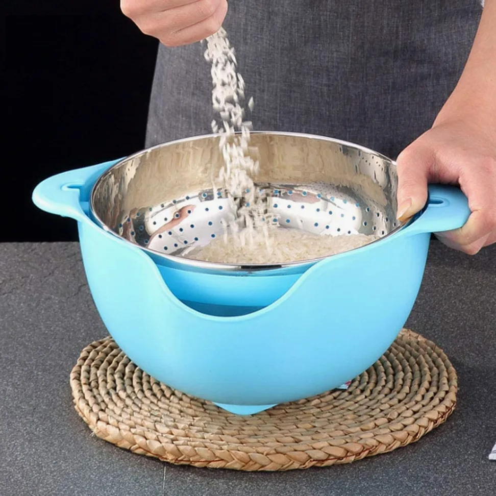 Colador Colador 2 en 1 Cestas de Frutas giratorias para Cocina Coladores microperforados Desmontables Autodrenantes para Pasta Arroz Espagueti Fideos Ensaladas Verduras (Azul)-Blue
