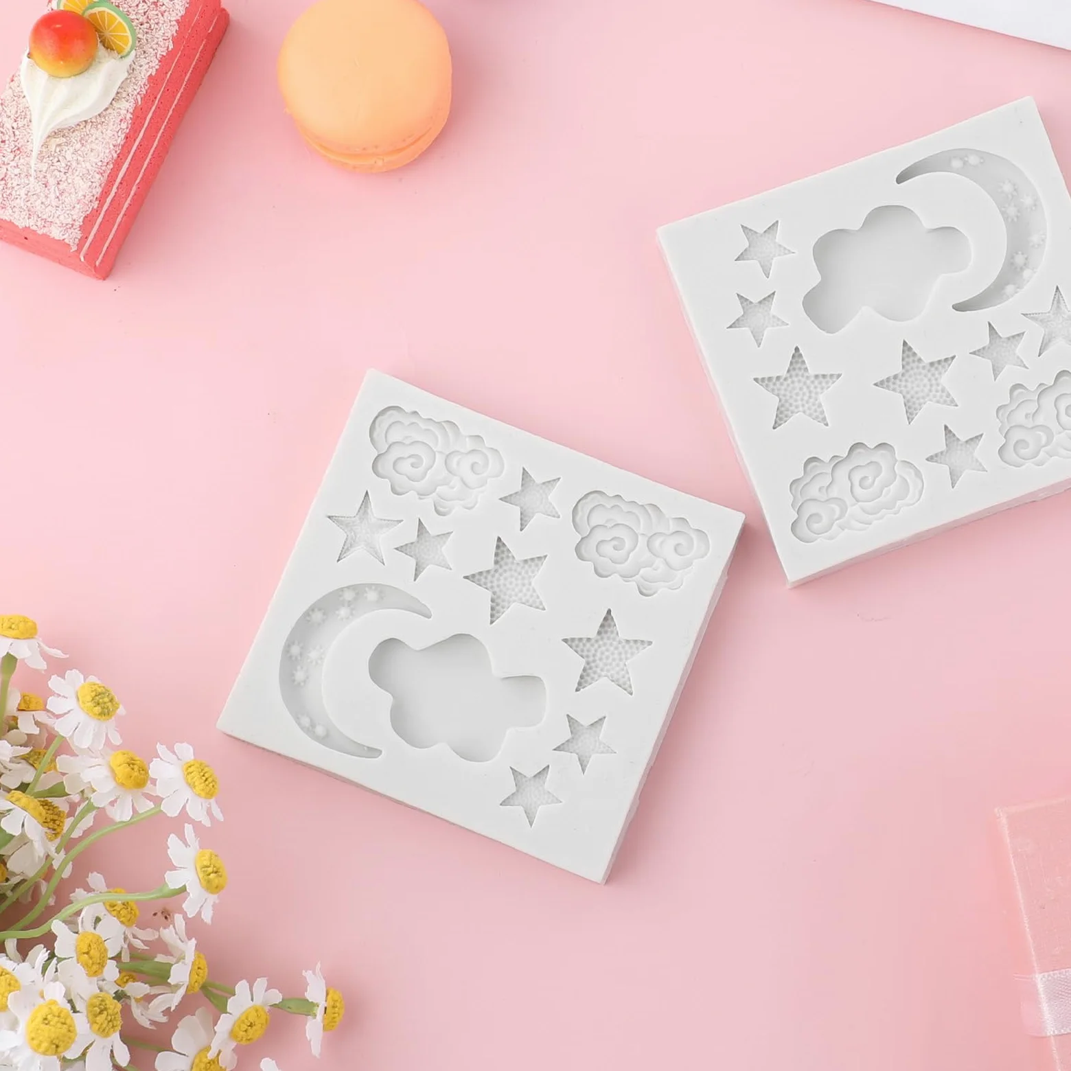 2 moldes de silicona, moldes de arcilla polimérica con forma de estrella y luna para caramelo, chocolate, fondant, decoración de pasteles, bricolaje, hornear, cupcakes, galletas, jabón y velas