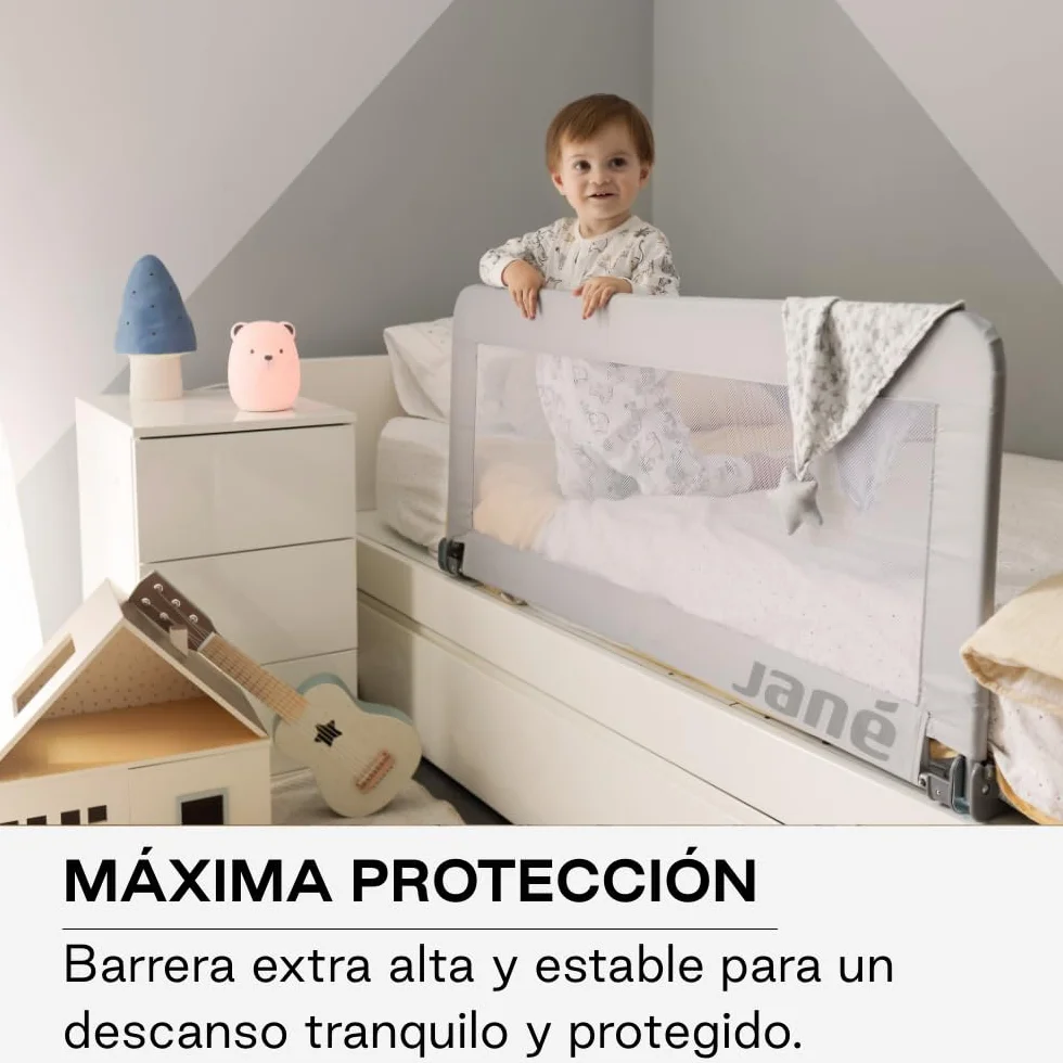 Jané Barrera de Cama Abatible 140 cm, Extra Alta y Transpirable, Plegable con Bolsa de Transporte, Gris