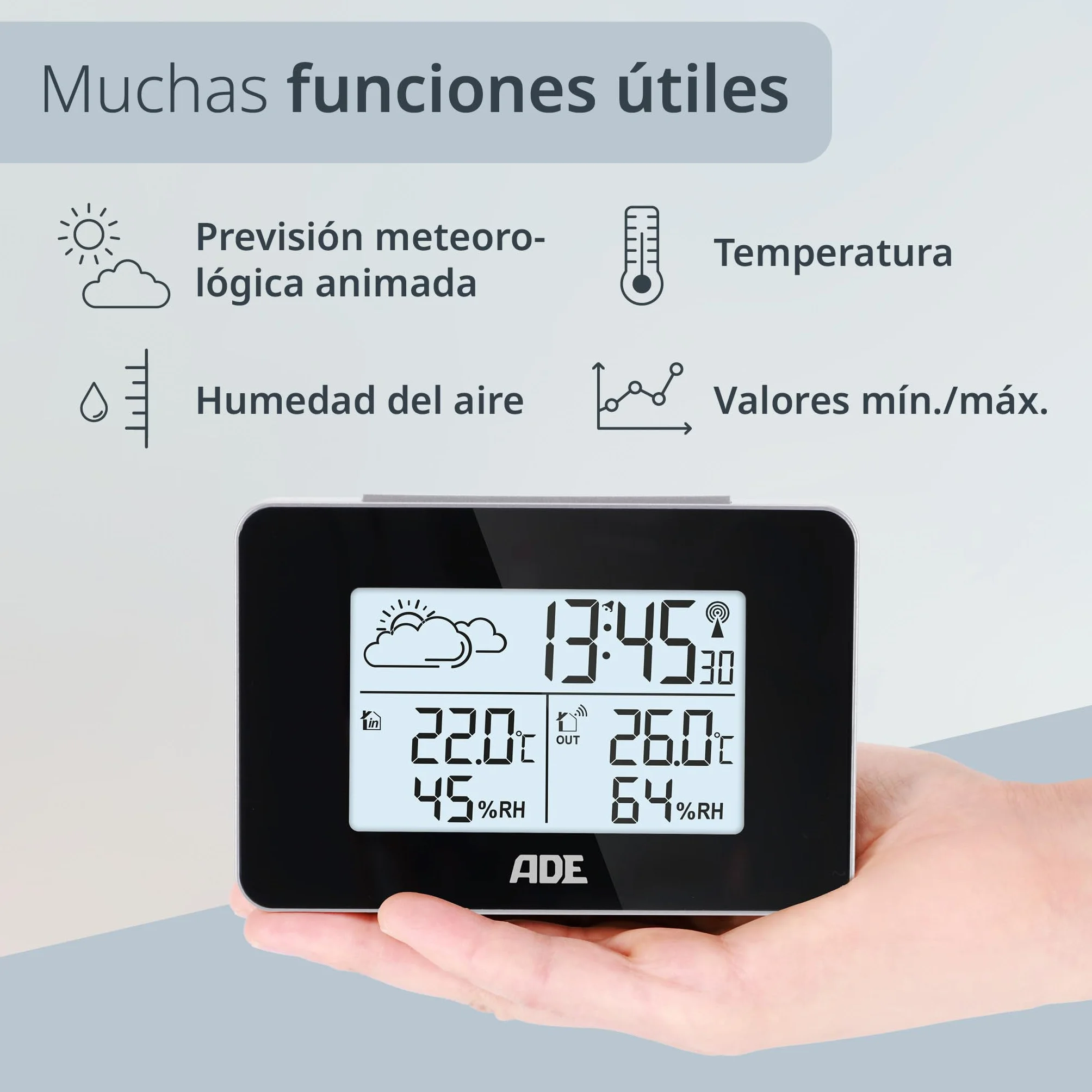 ADE Estación meteorológica digital radiocontrolada con sensor exterior | temperatura interior y exterior | medidor de humedad | previsión meteorológica animada | despertador | negro