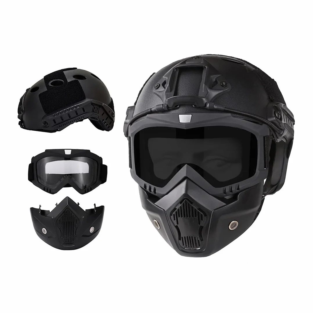 Casco táctico de airsoft y máscara completa con gafas de seguridad desmontables con soporte NVG delantero y riel lateral PJ FAST Helmet