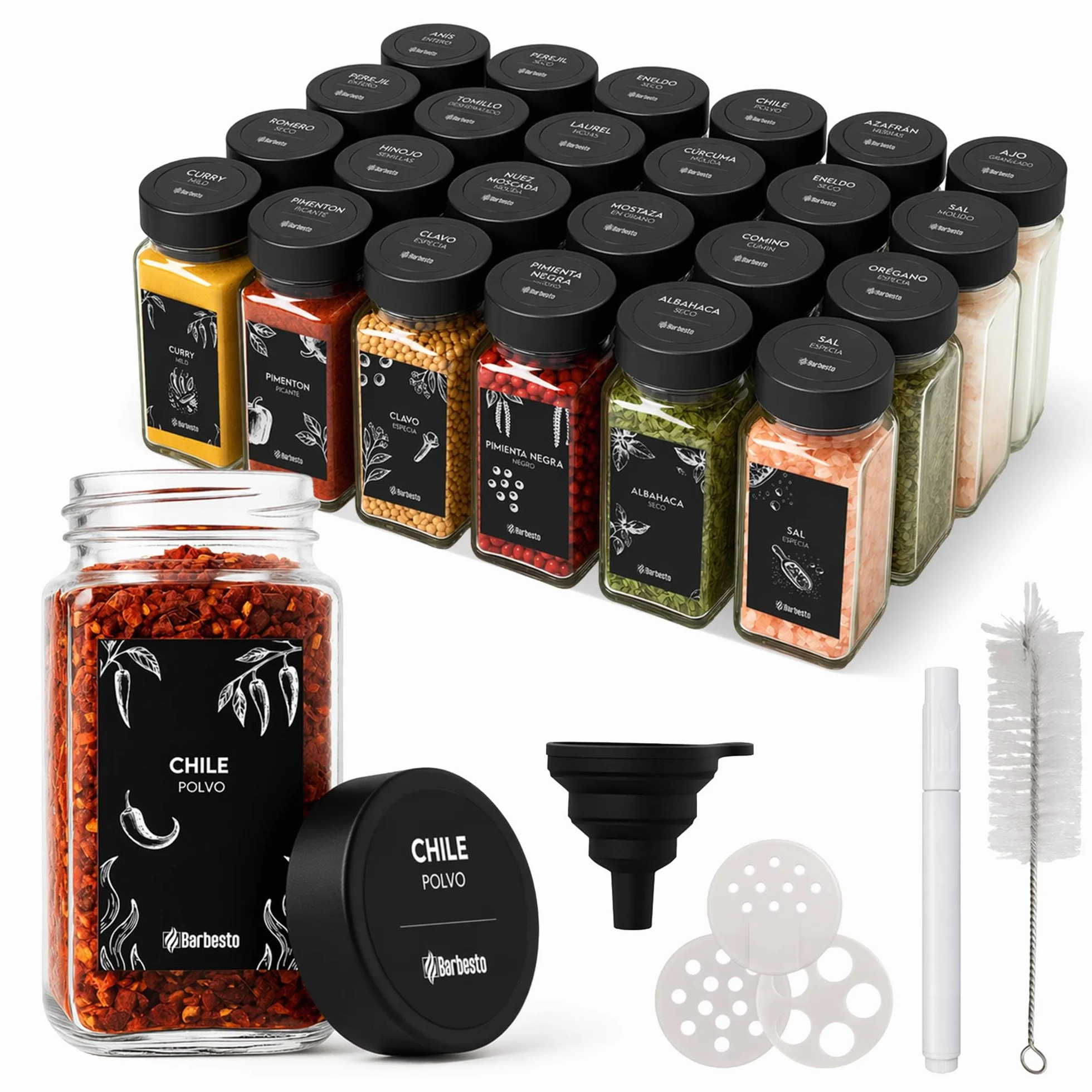 CLP Juego de 24 Botes de Especias Cuadrados 120ml, Especieros de Cristal con Tapas, Etiquetas, Embudo y Cepillo de Limpieza, Color:Negro, Material:Plastico