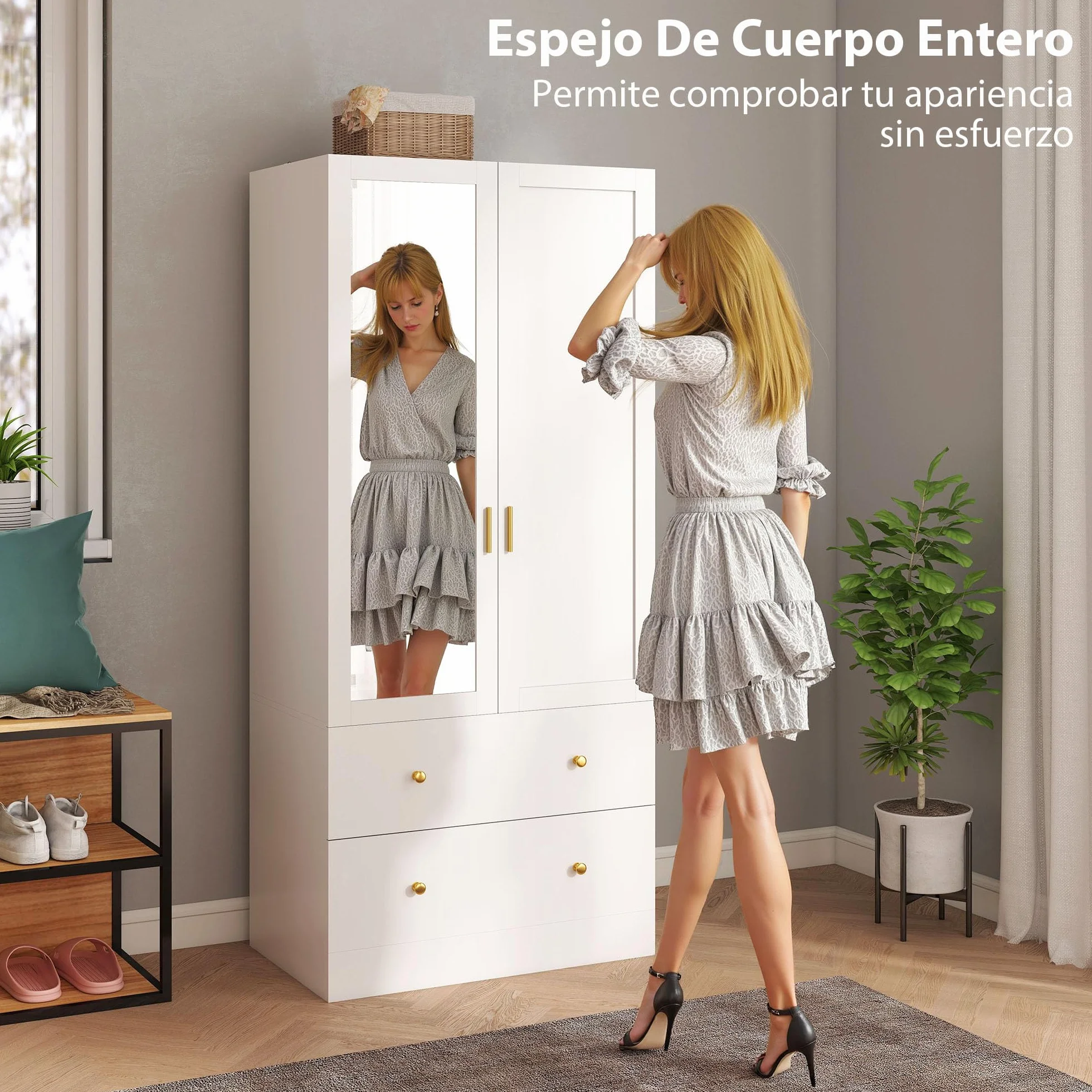 HOMCOM Armario Dormitorio 2 Puertas y 2 Cajones, Armario Ropero con Espejo, Barra para Colgar, Estilo Moderno, 80x50x180 cm, Blanco