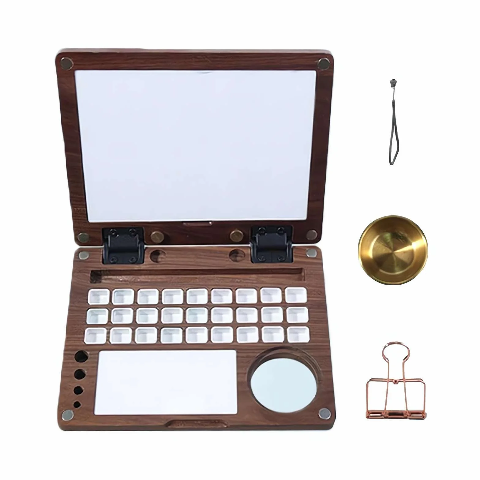 Paleta de acuarela portátil de madera de nogal negro de 27 rejillas, bandeja de pintura de viaje plegable con área de mezcla y recipiente de lavado de pinceles, rejilla desmontable para multipintura